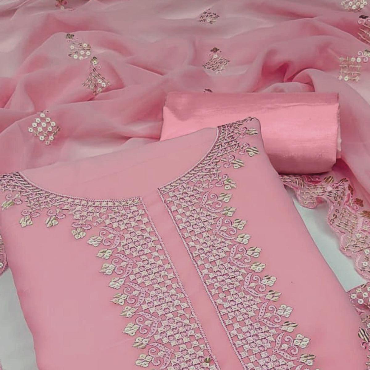 Pink Embroidered Georgette Dress Material - Peachmode
