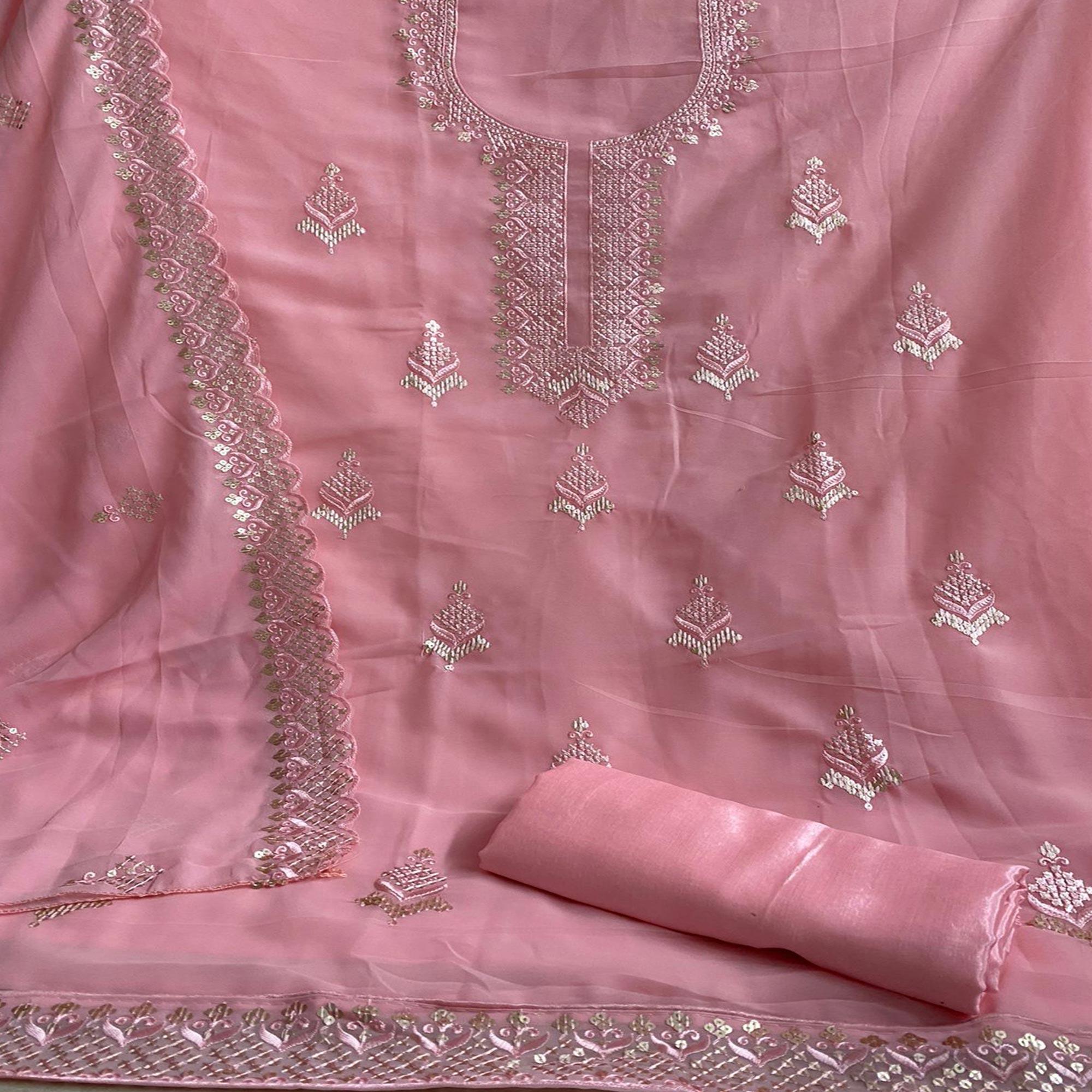 Pink Embroidered Georgette Dress Material - Peachmode