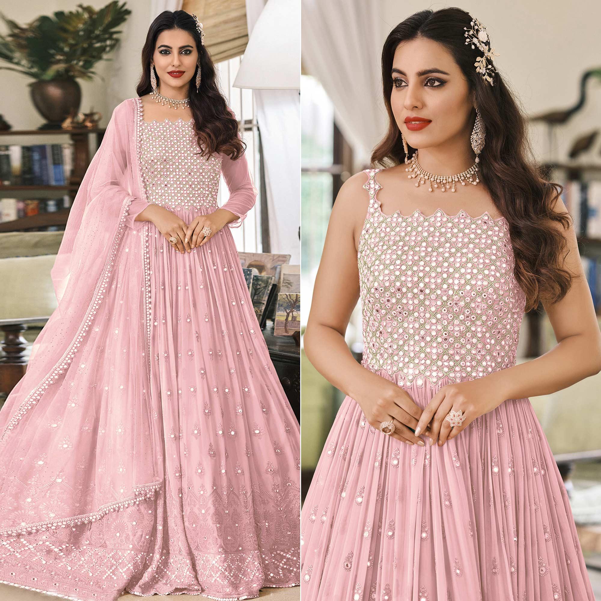 Pink Embroidered Georgette Gown - Peachmode