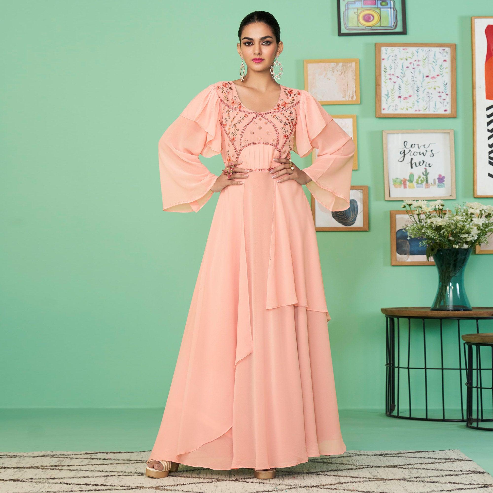 Pink Embroidered Georgette Gown - Peachmode