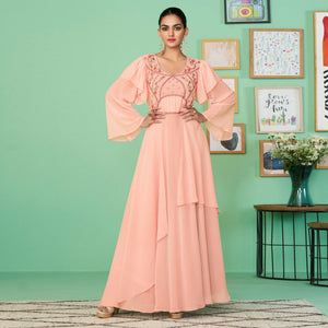 Pink Embroidered Georgette Gown - Peachmode