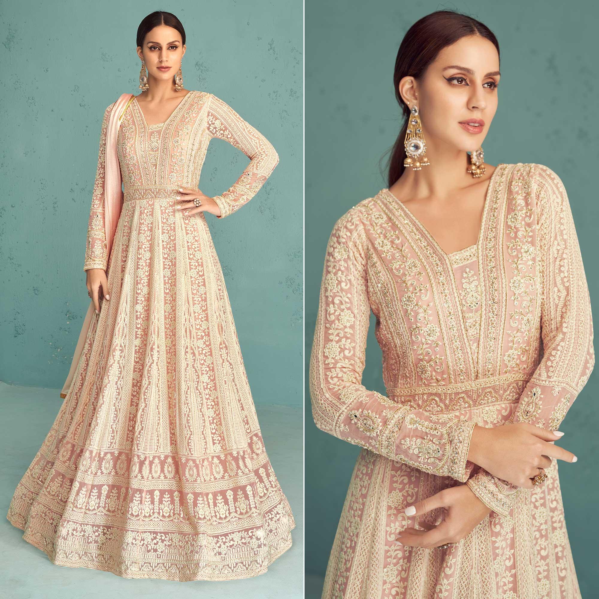 Pink Embroidered Georgette Gown - Peachmode