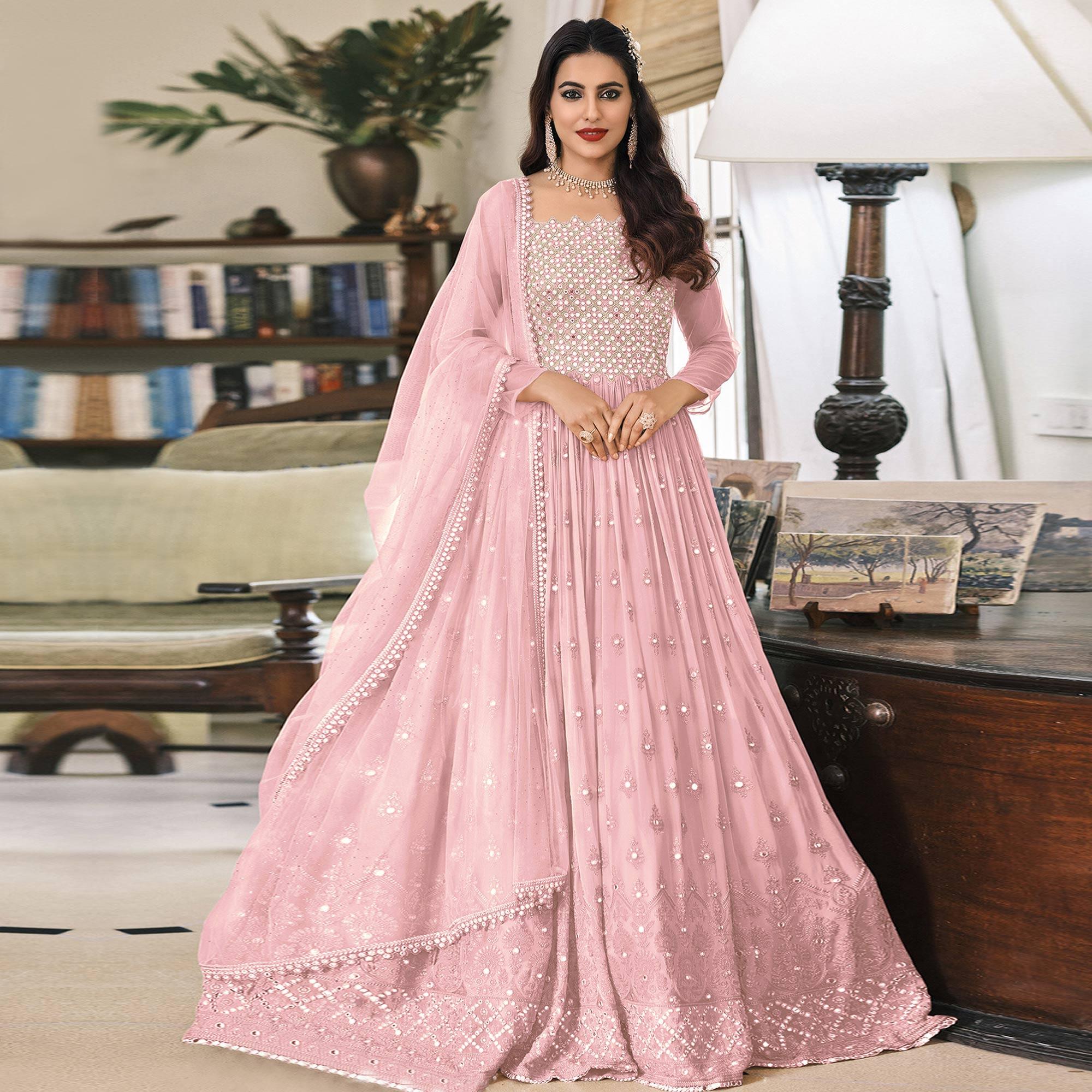 Pink Embroidered Georgette Gown - Peachmode