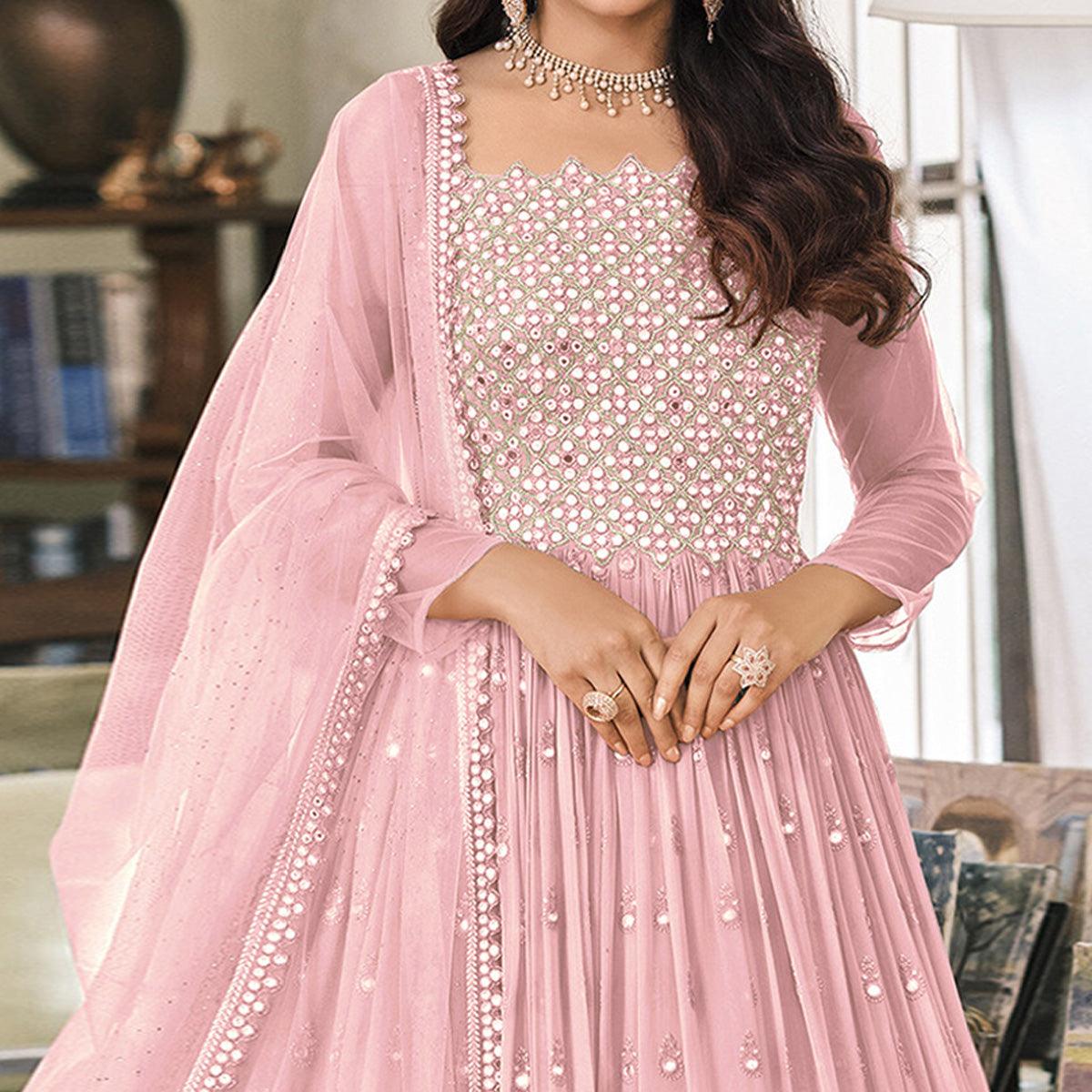 Pink Embroidered Georgette Gown - Peachmode