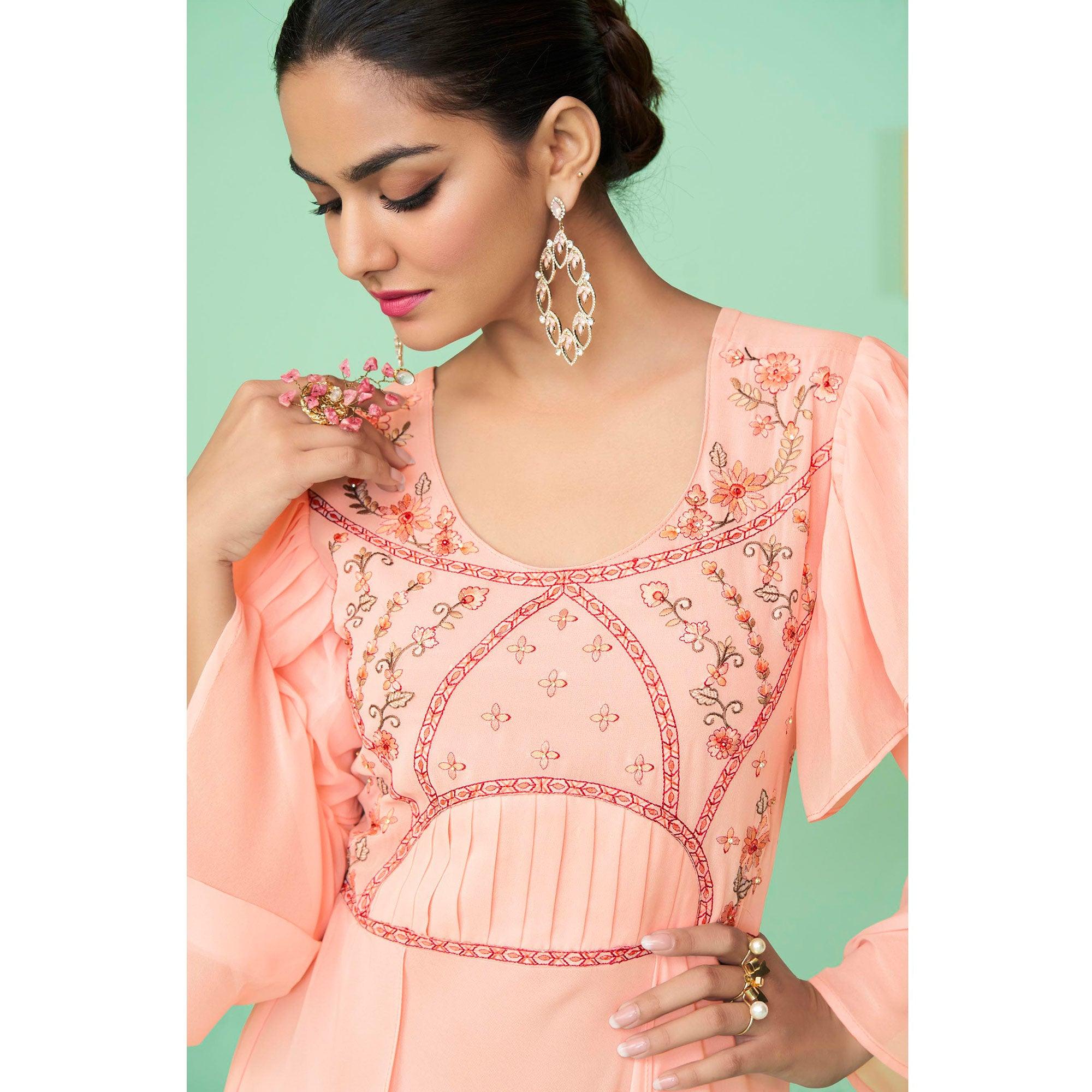 Pink Embroidered Georgette Gown - Peachmode
