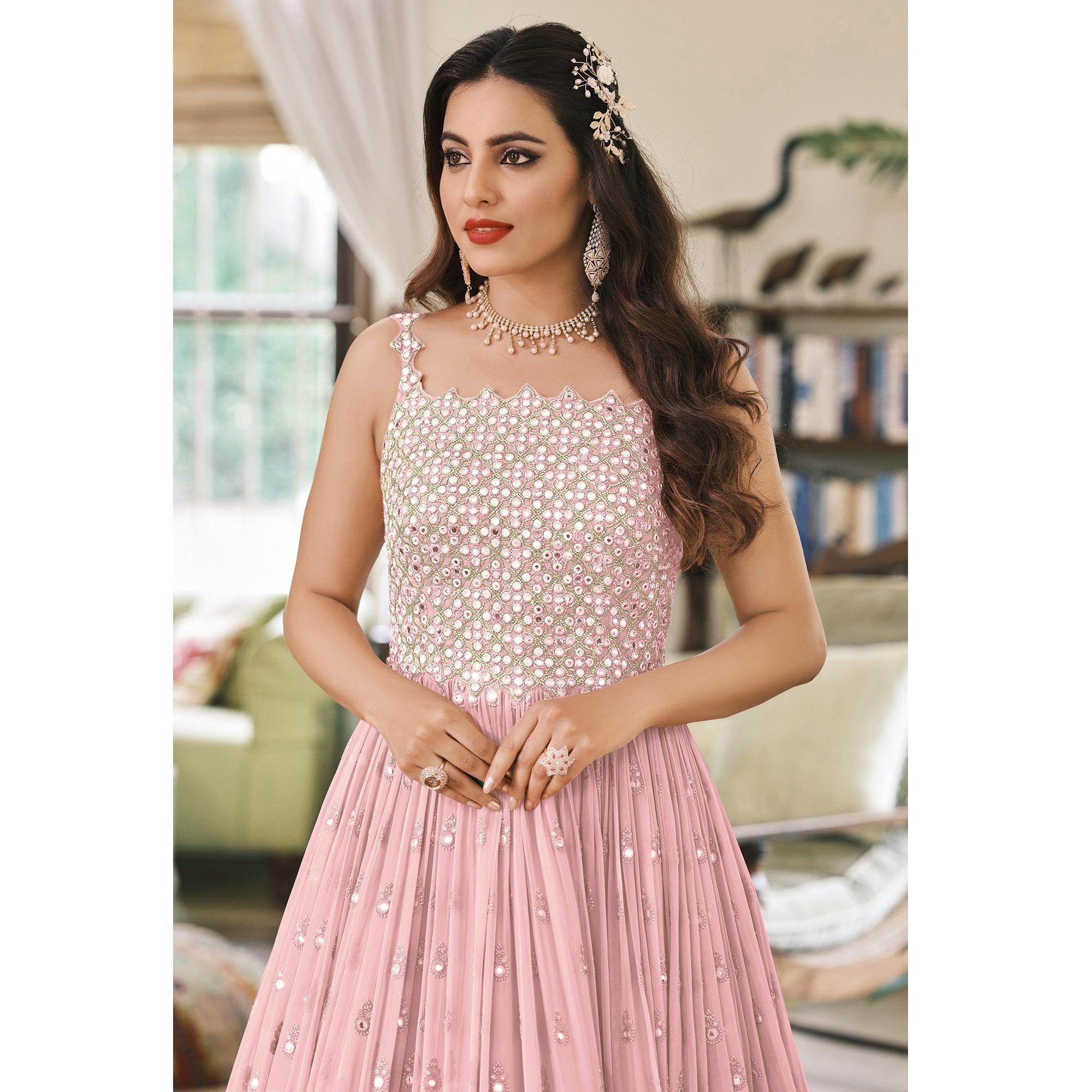 Pink Embroidered Georgette Gown - Peachmode