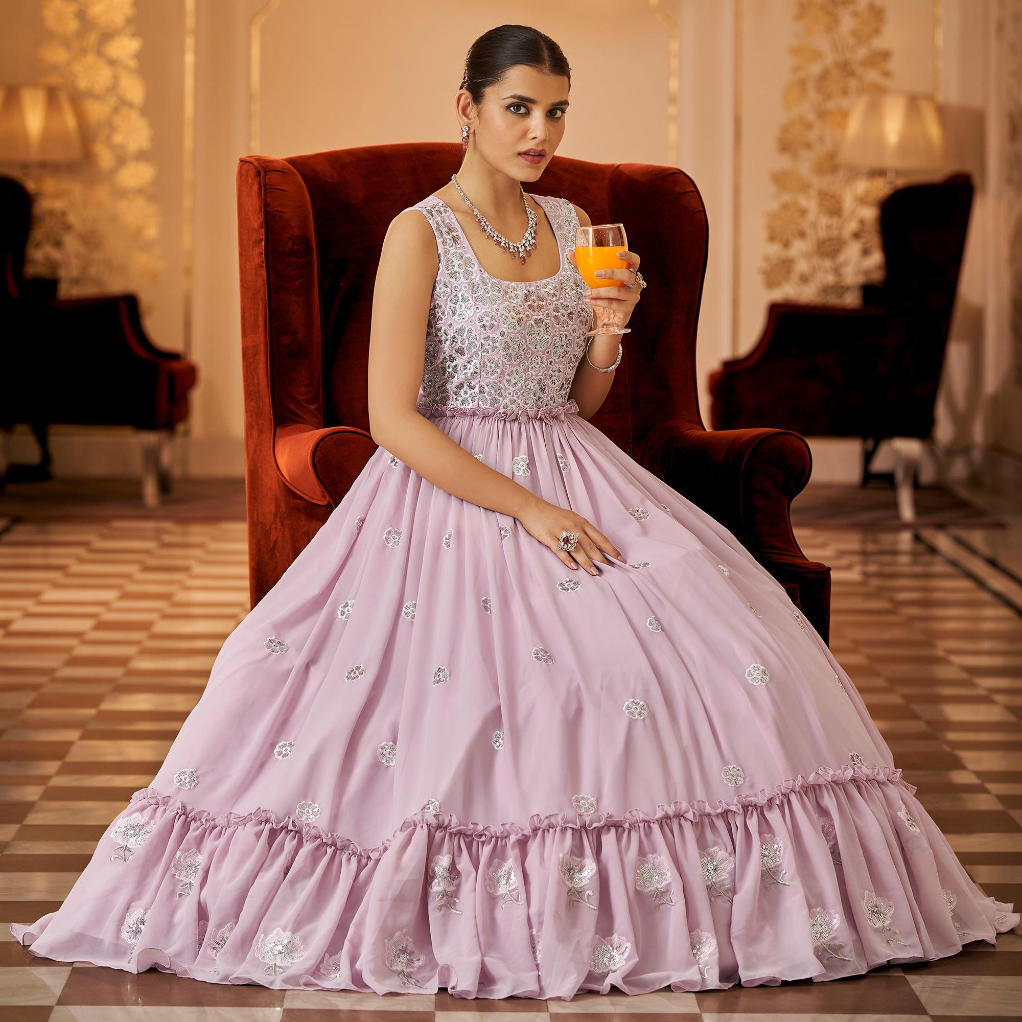 Pink Embroidered Georgette Gown - Peachmode