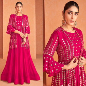 Pink Embroidered Georgette Gown With Jacket - Peachmode