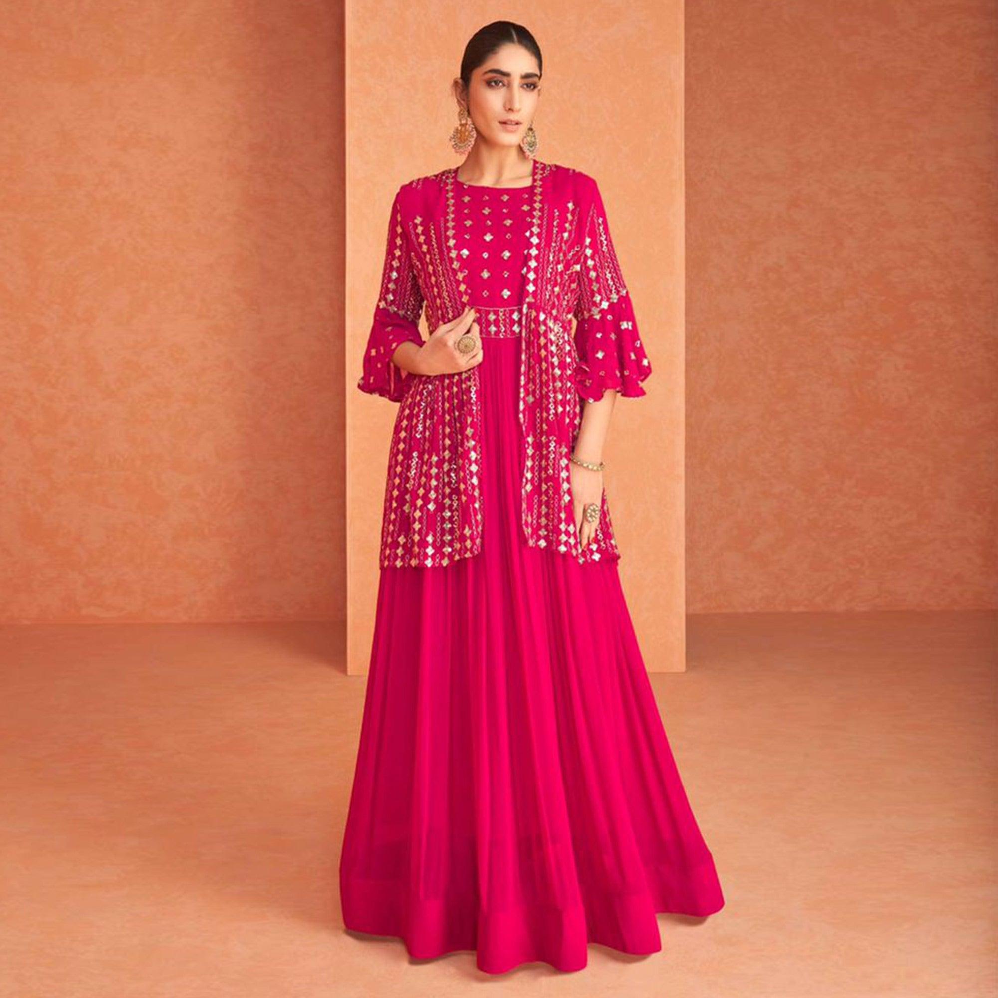 Pink Embroidered Georgette Gown With Jacket - Peachmode