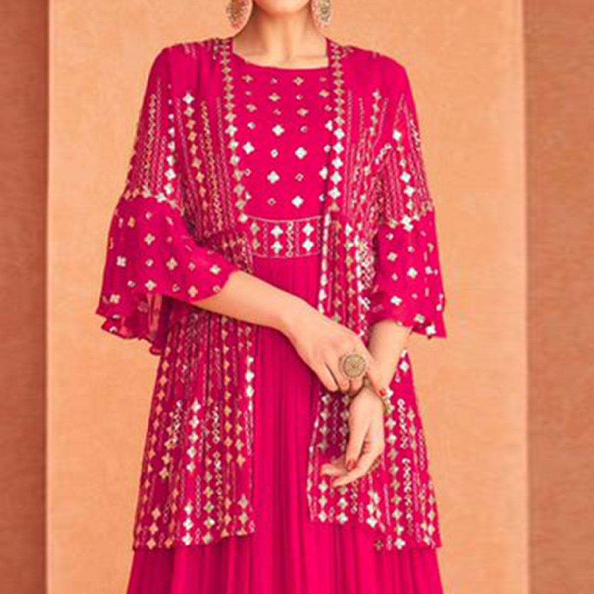 Pink Embroidered Georgette Gown With Jacket - Peachmode
