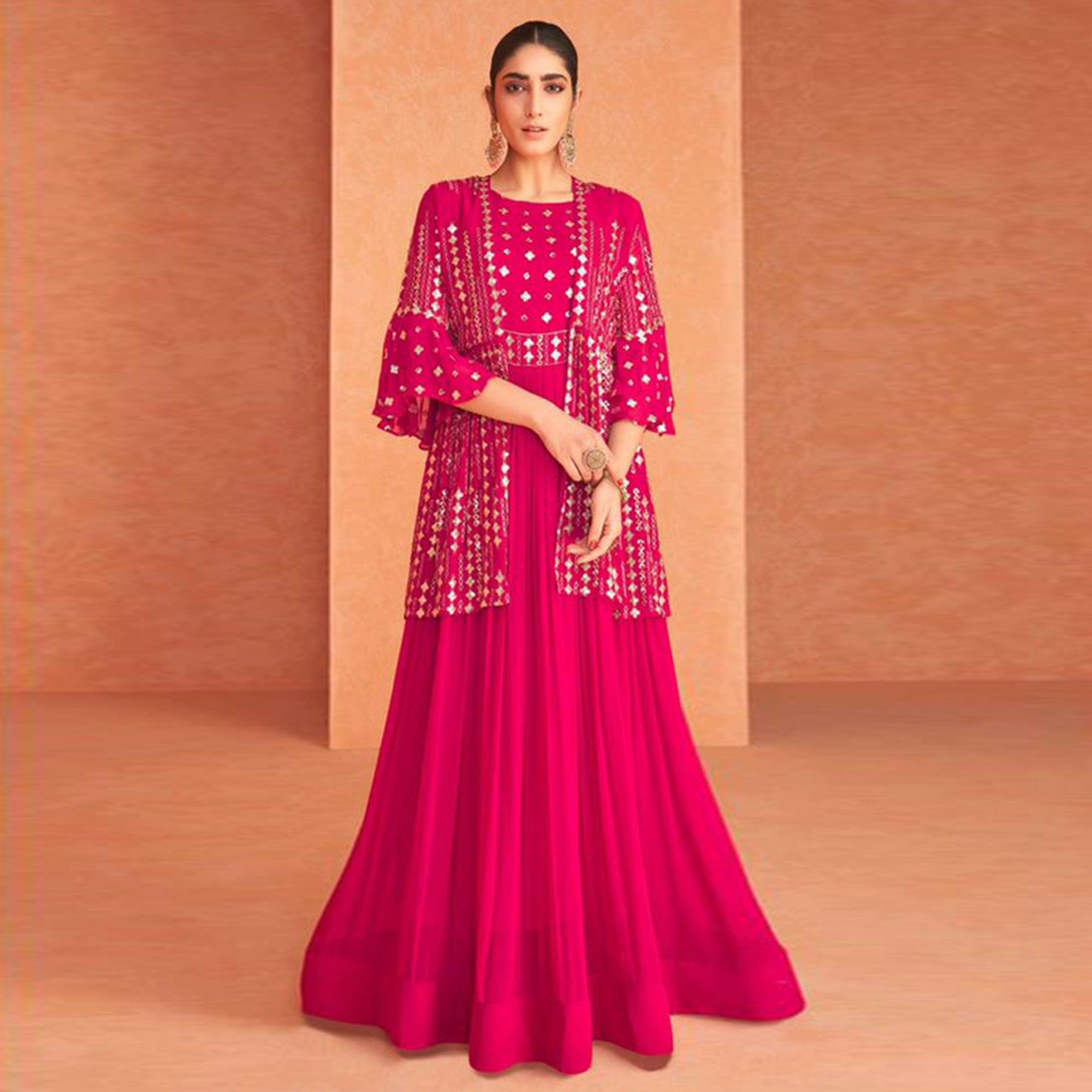 Pink Embroidered Georgette Gown With Jacket - Peachmode
