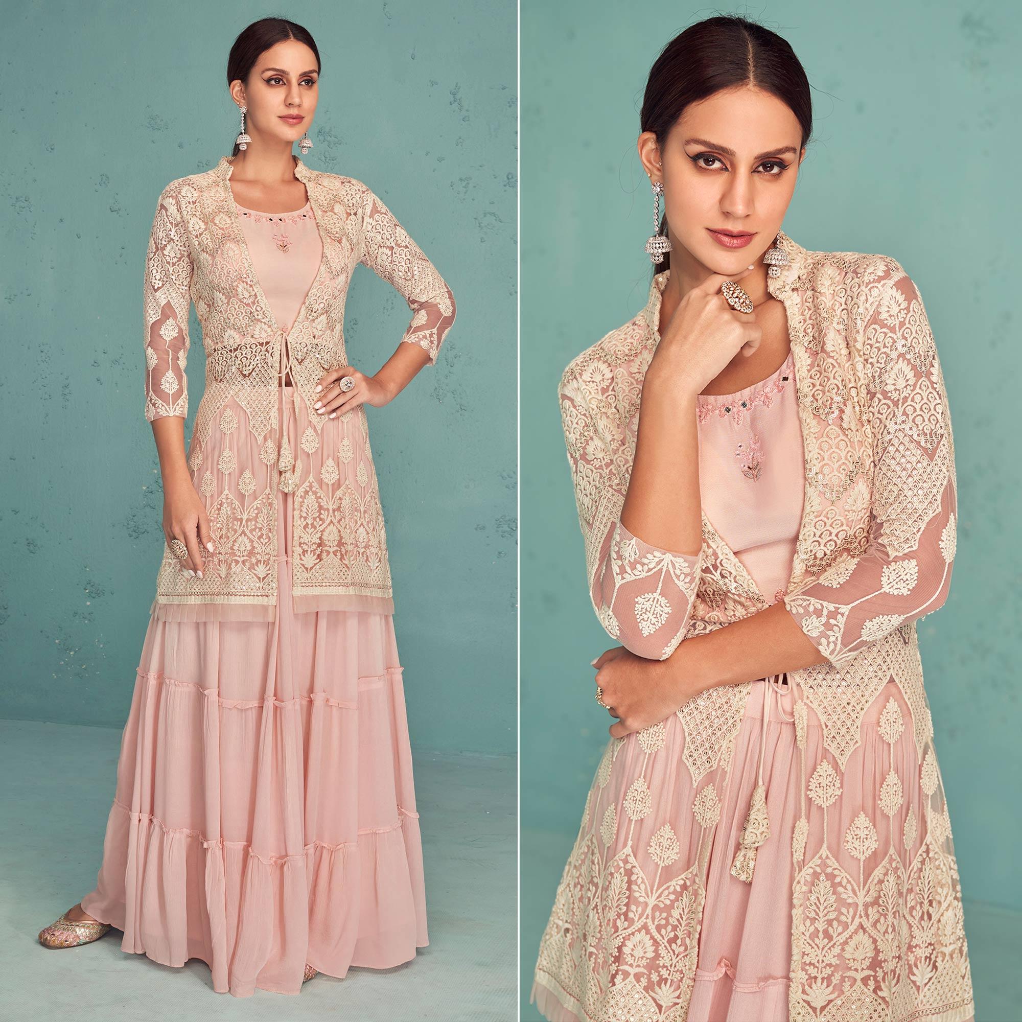 Pink Embroidered Georgette Lehenga Choli With Jacket - Peachmode