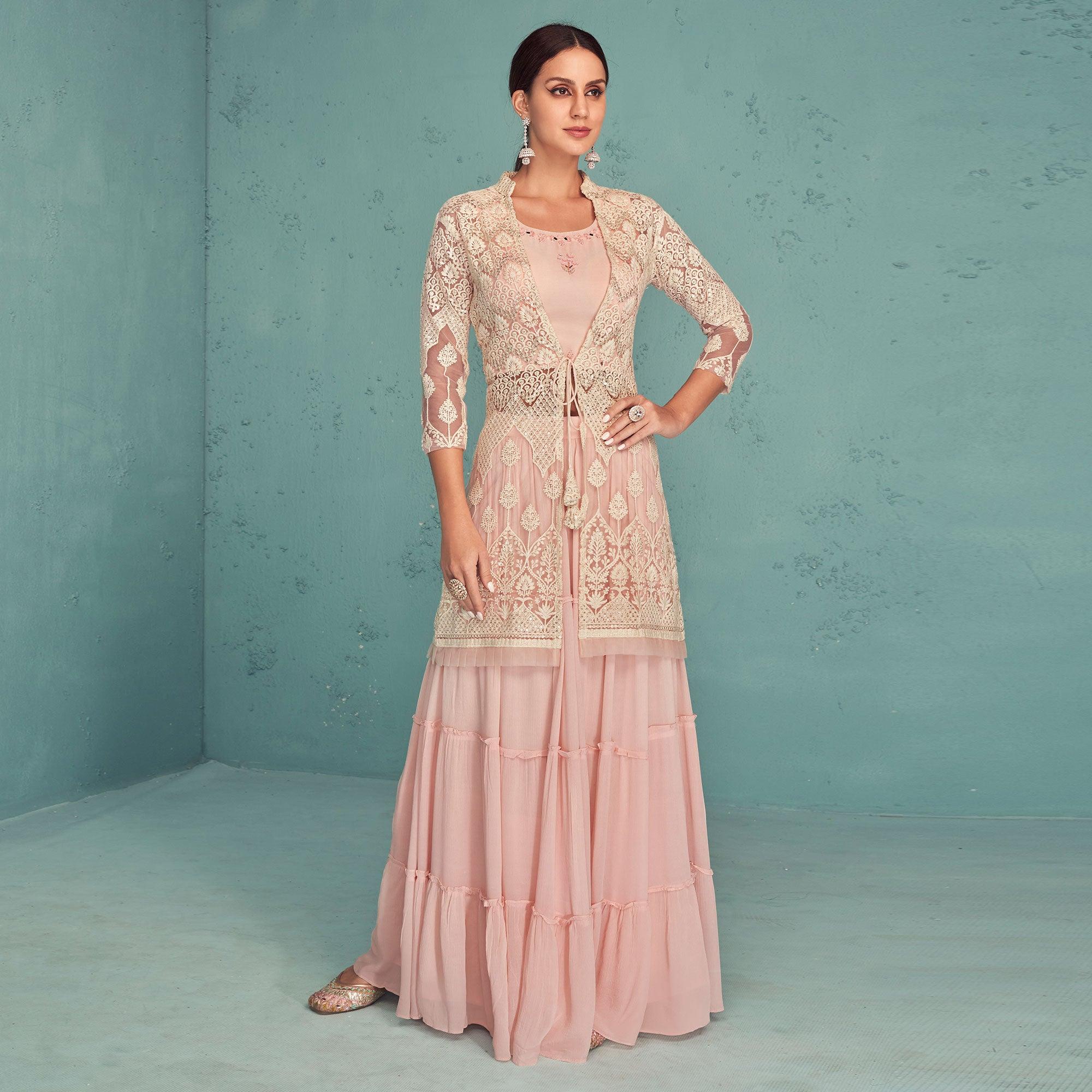 Pink Embroidered Georgette Lehenga Choli With Jacket - Peachmode