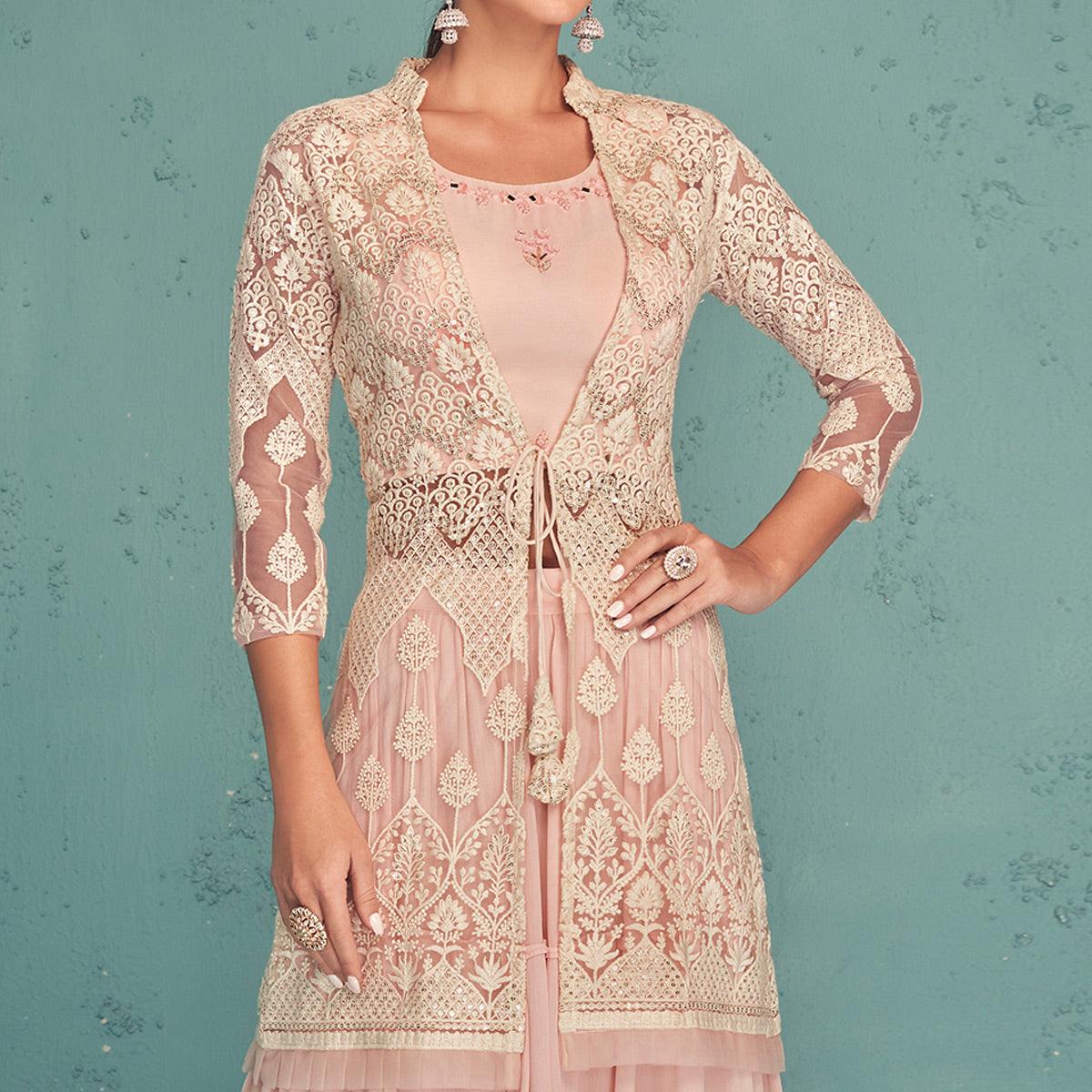 Pink Embroidered Georgette Lehenga Choli With Jacket - Peachmode