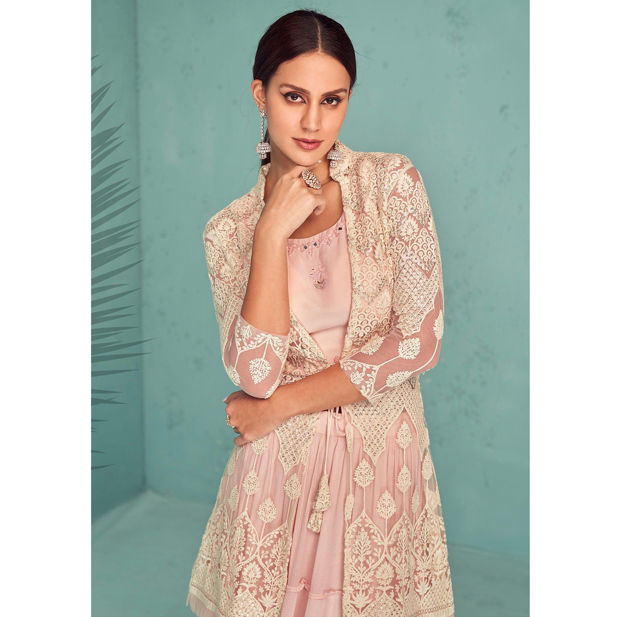 Pink Embroidered Georgette Lehenga Choli With Jacket - Peachmode