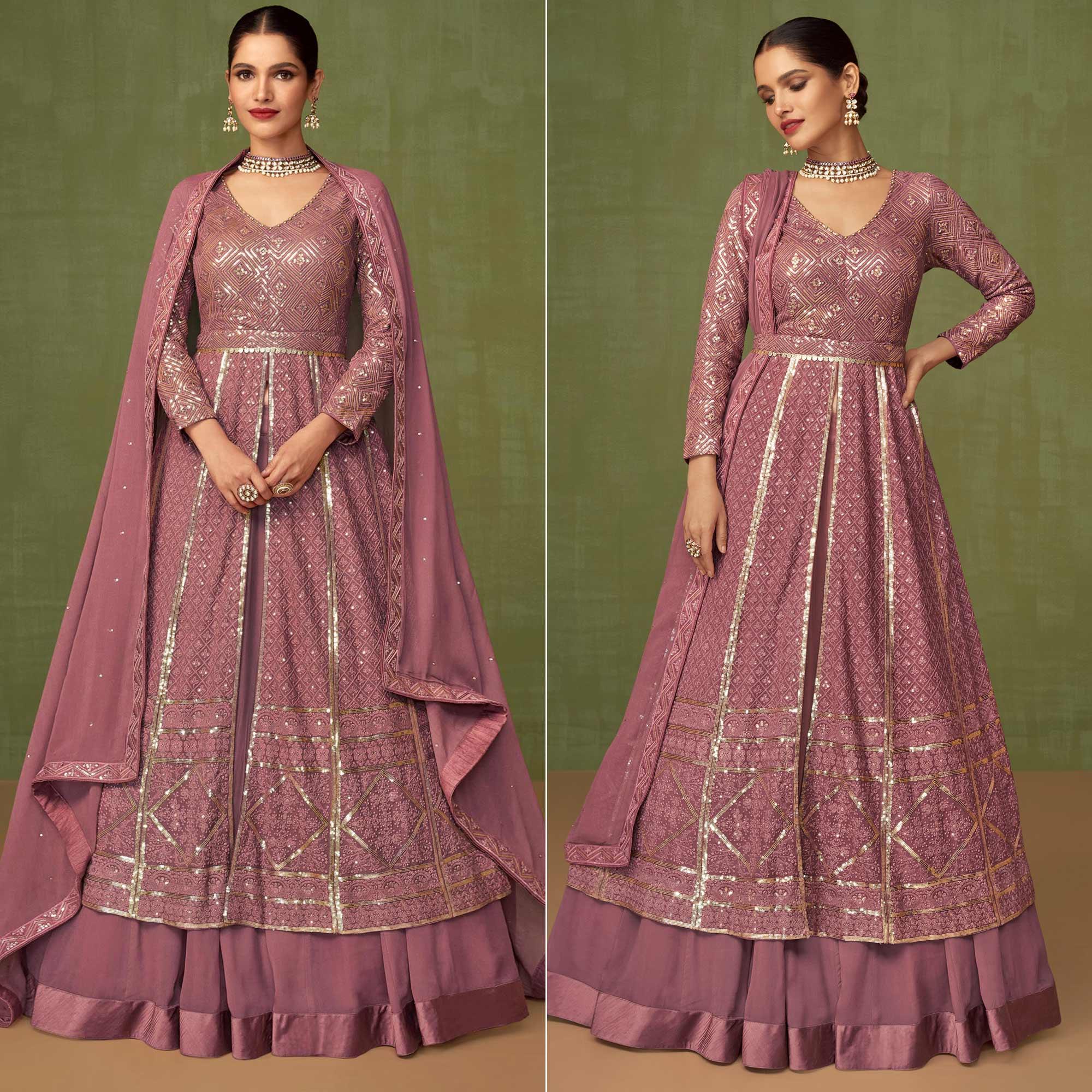 Pink Embroidered Georgette Lehenga Kameez - Peachmode