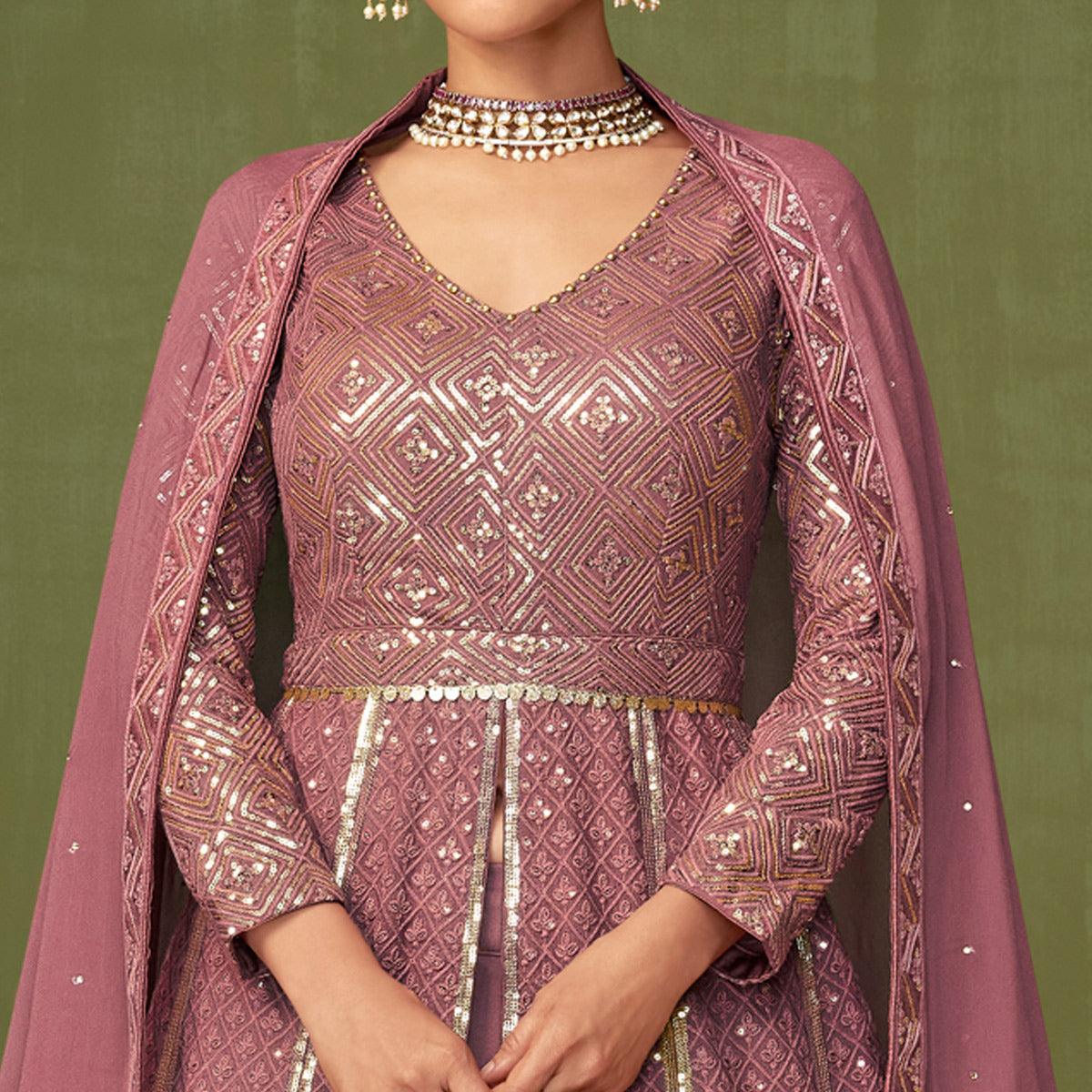 Pink Embroidered Georgette Lehenga Kameez - Peachmode