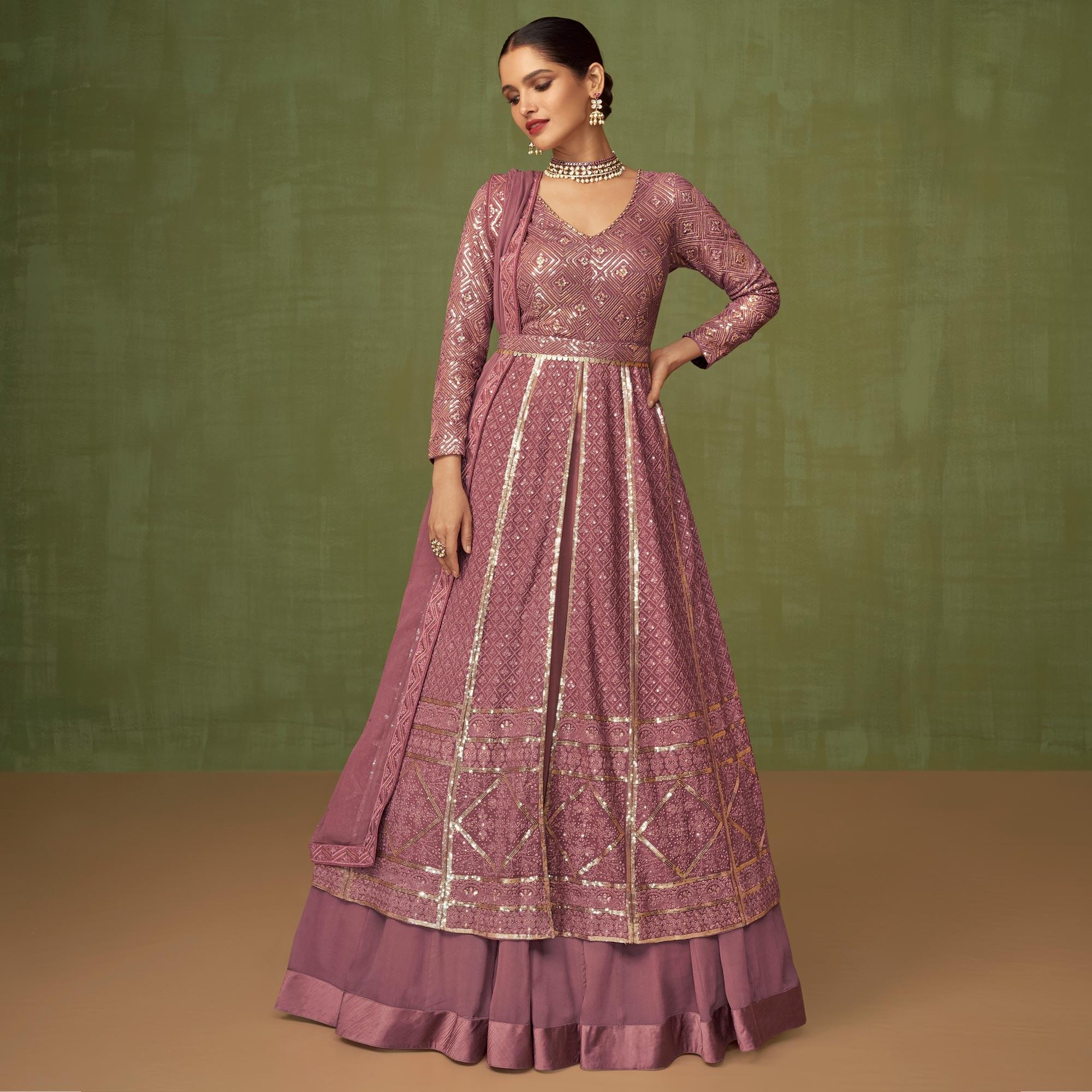 Pink Embroidered Georgette Lehenga Kameez - Peachmode