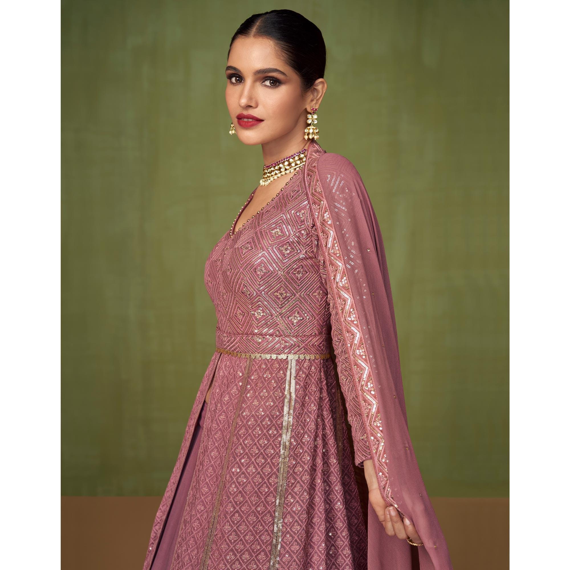 Pink Embroidered Georgette Lehenga Kameez - Peachmode