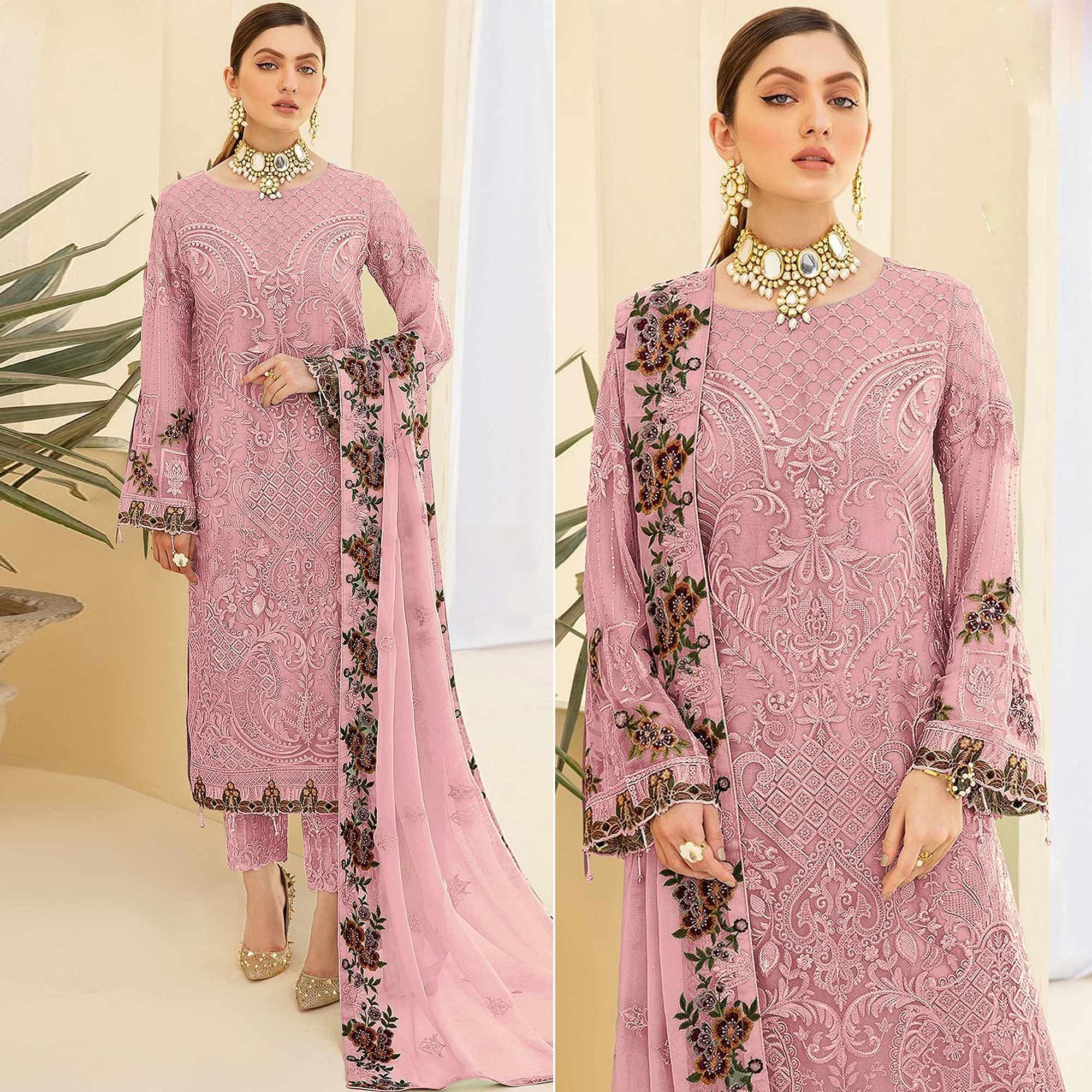 Pink Embroidered Georgette Pakistani Suit - Peachmode