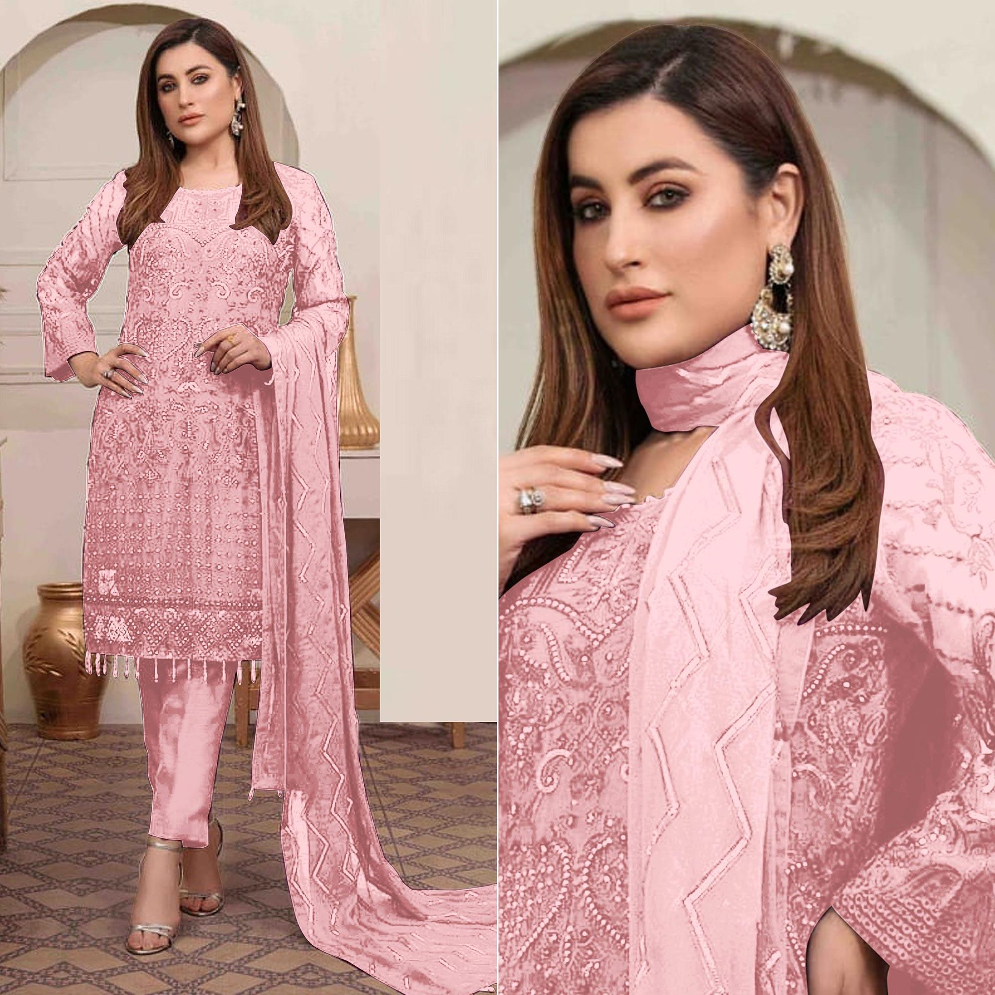 Pink Embroidered Georgette Pakistani Suit - Peachmode