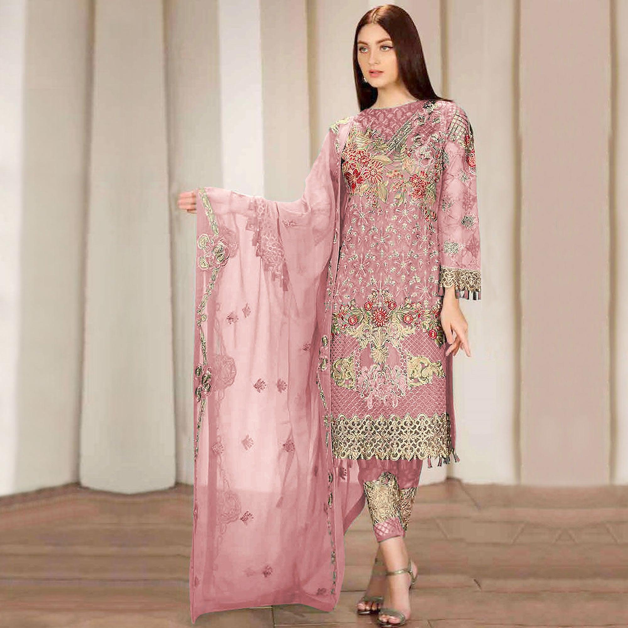 Pink Embroidered Georgette Pakistani Suit - Peachmode