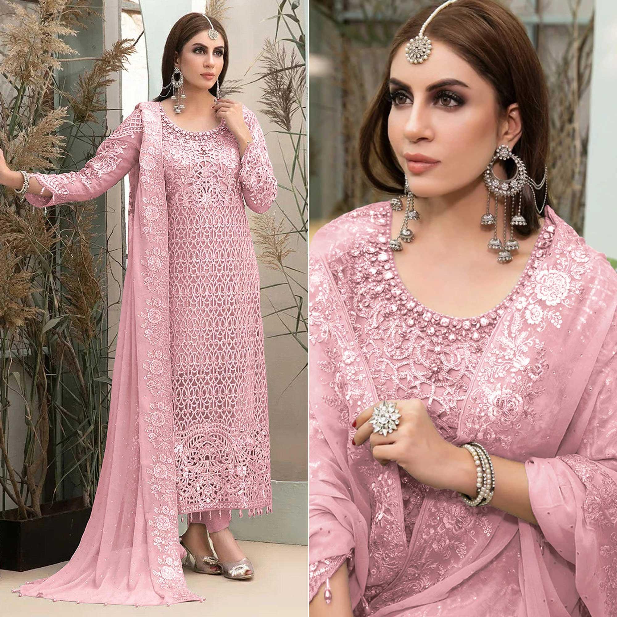 Pink Embroidered Georgette Pakistani Suit - Peachmode