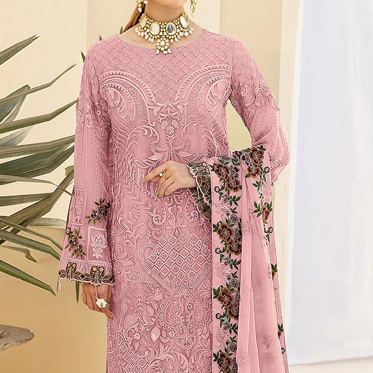 Pink Embroidered Georgette Pakistani Suit - Peachmode