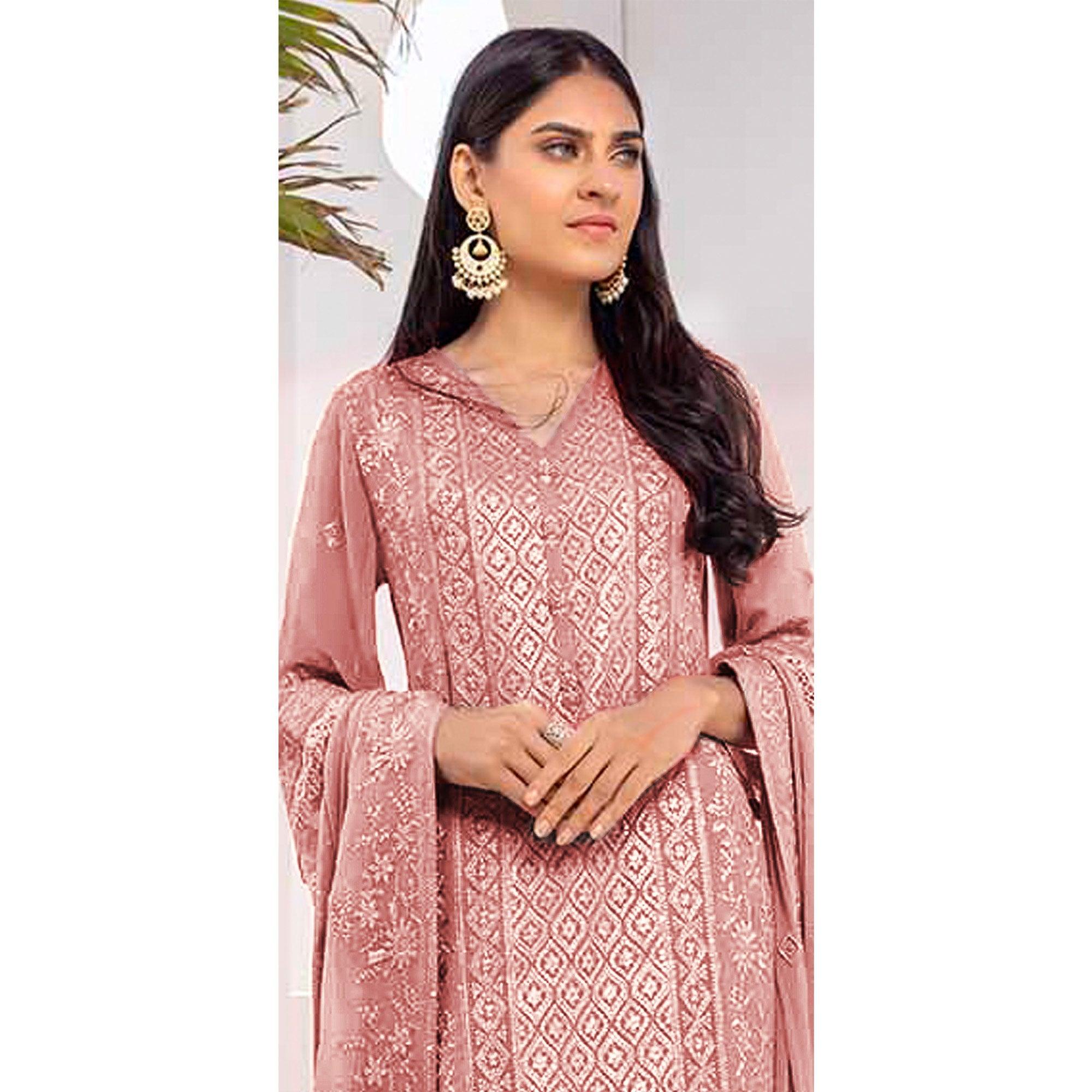 Pink Embroidered Georgette Pakistani Suit - Peachmode