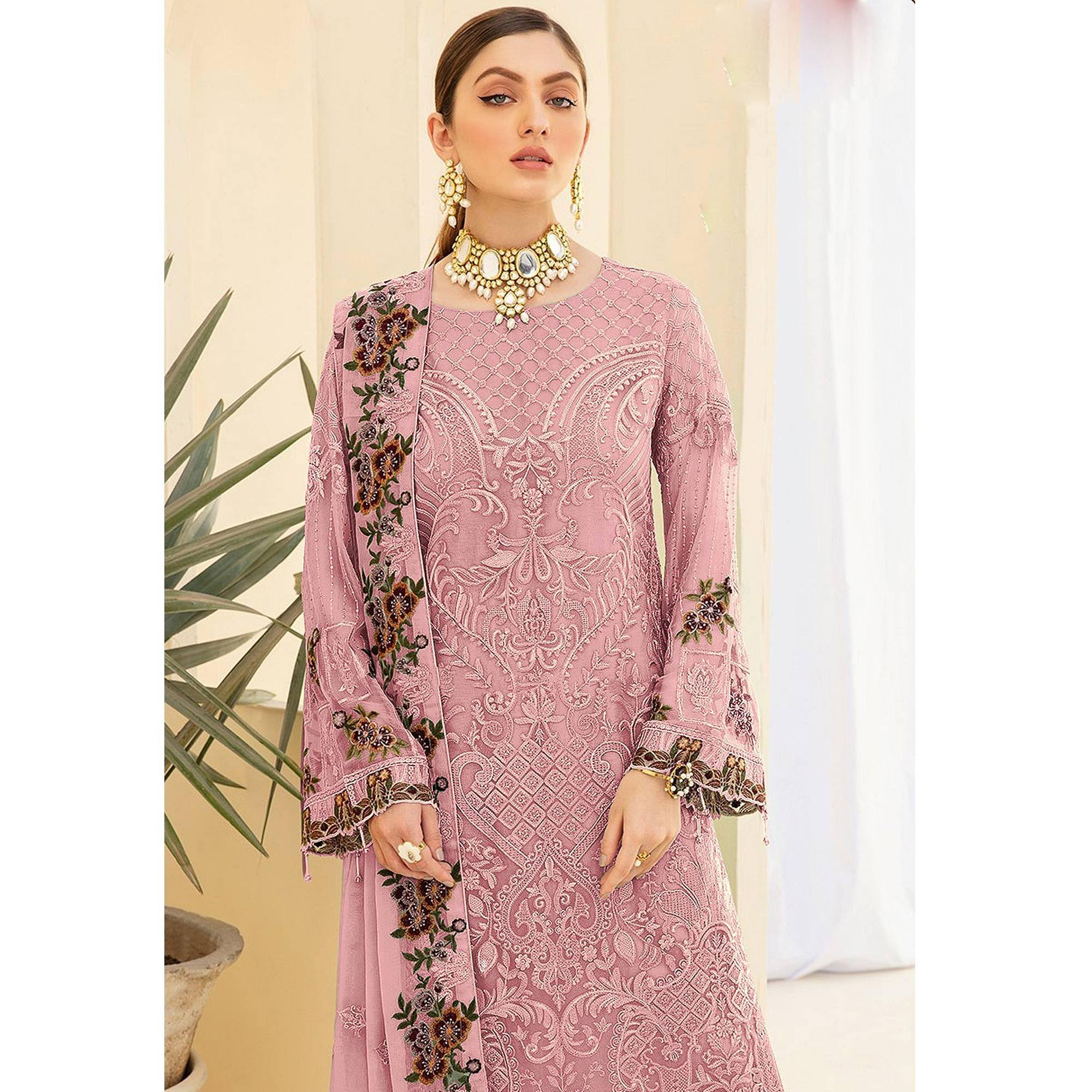Pink Embroidered Georgette Pakistani Suit - Peachmode