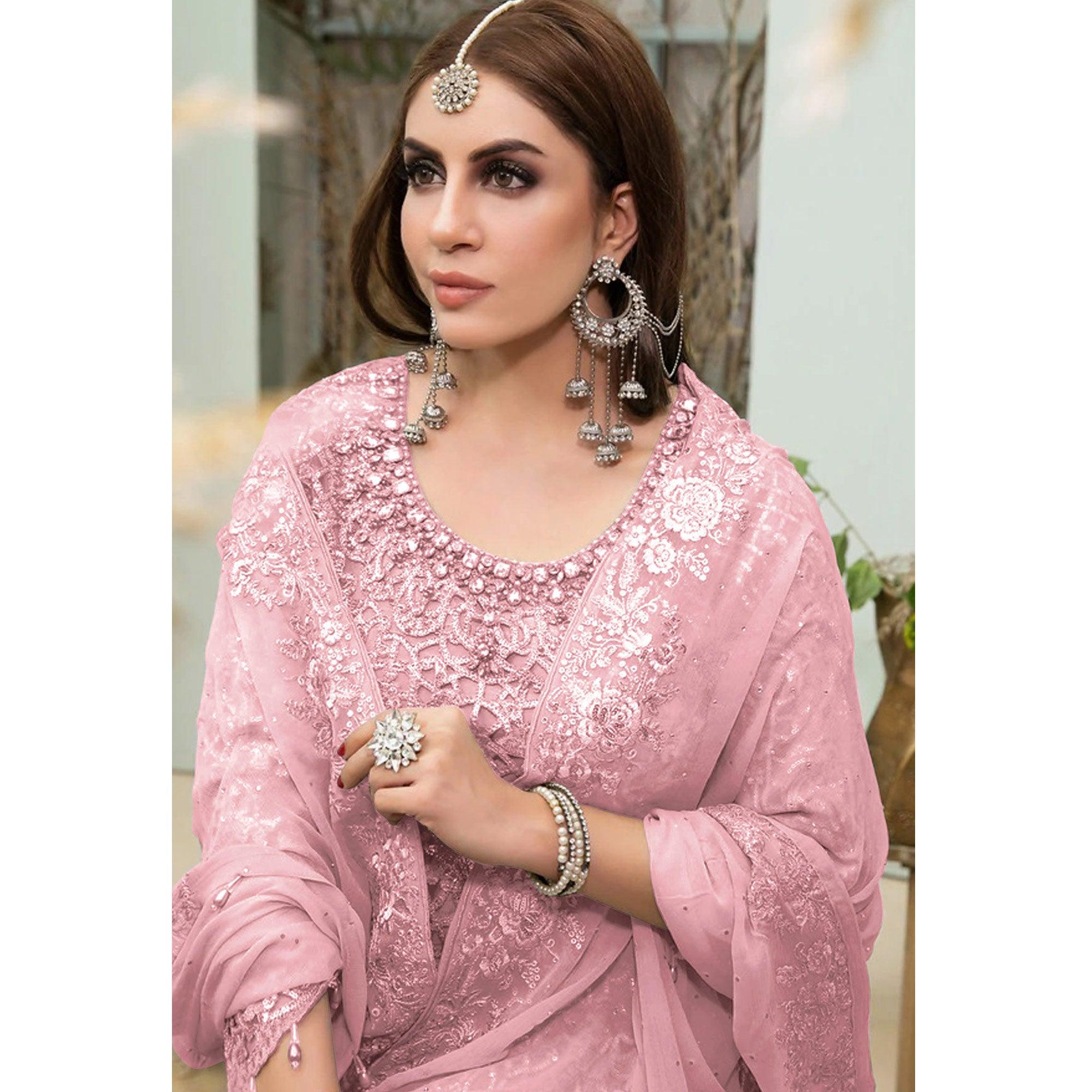 Pink Embroidered Georgette Pakistani Suit - Peachmode