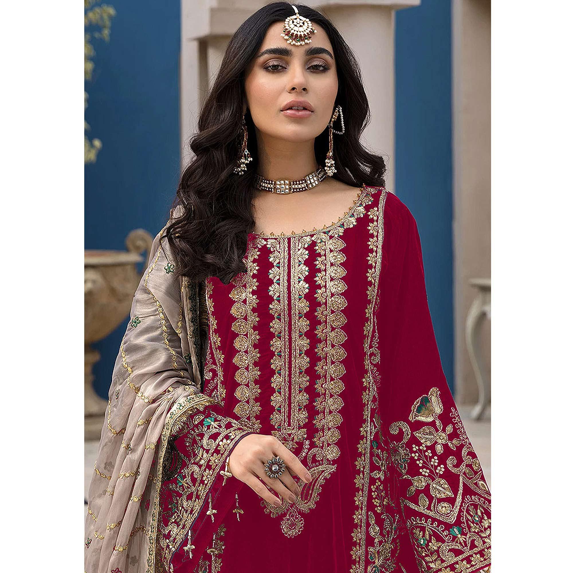 Pink Embroidered Georgette Pakistani Suit - Peachmode