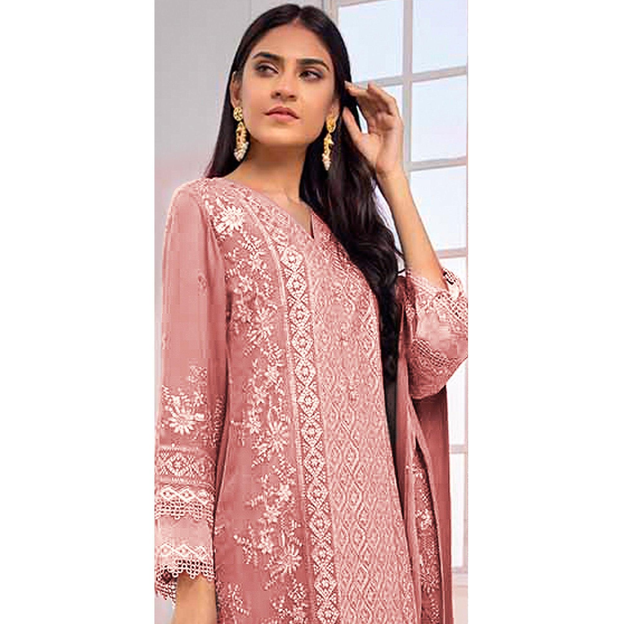 Pink Embroidered Georgette Pakistani Suit - Peachmode