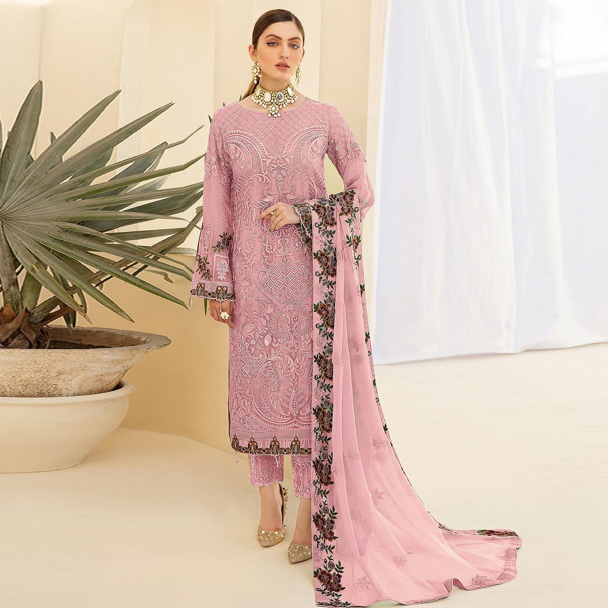 Pink Embroidered Georgette Pakistani Suit - Peachmode