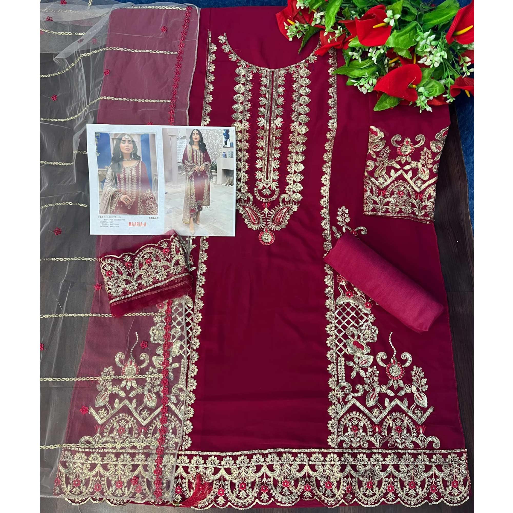 Pink Embroidered Georgette Pakistani Suit - Peachmode