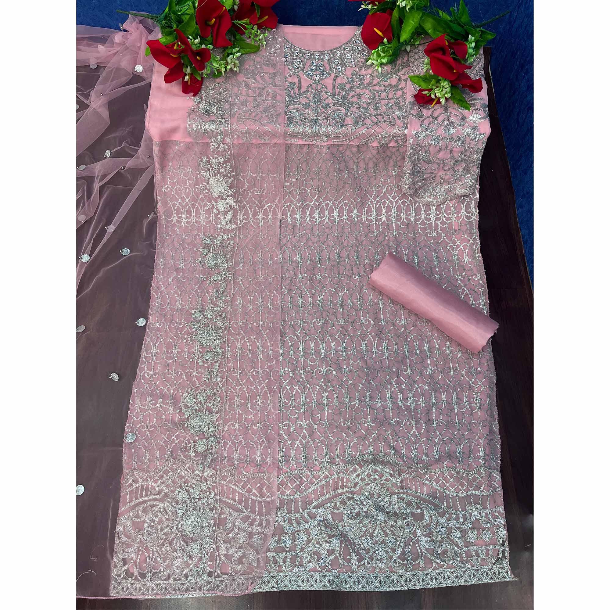 Pink Embroidered Georgette Pakistani Suit - Peachmode