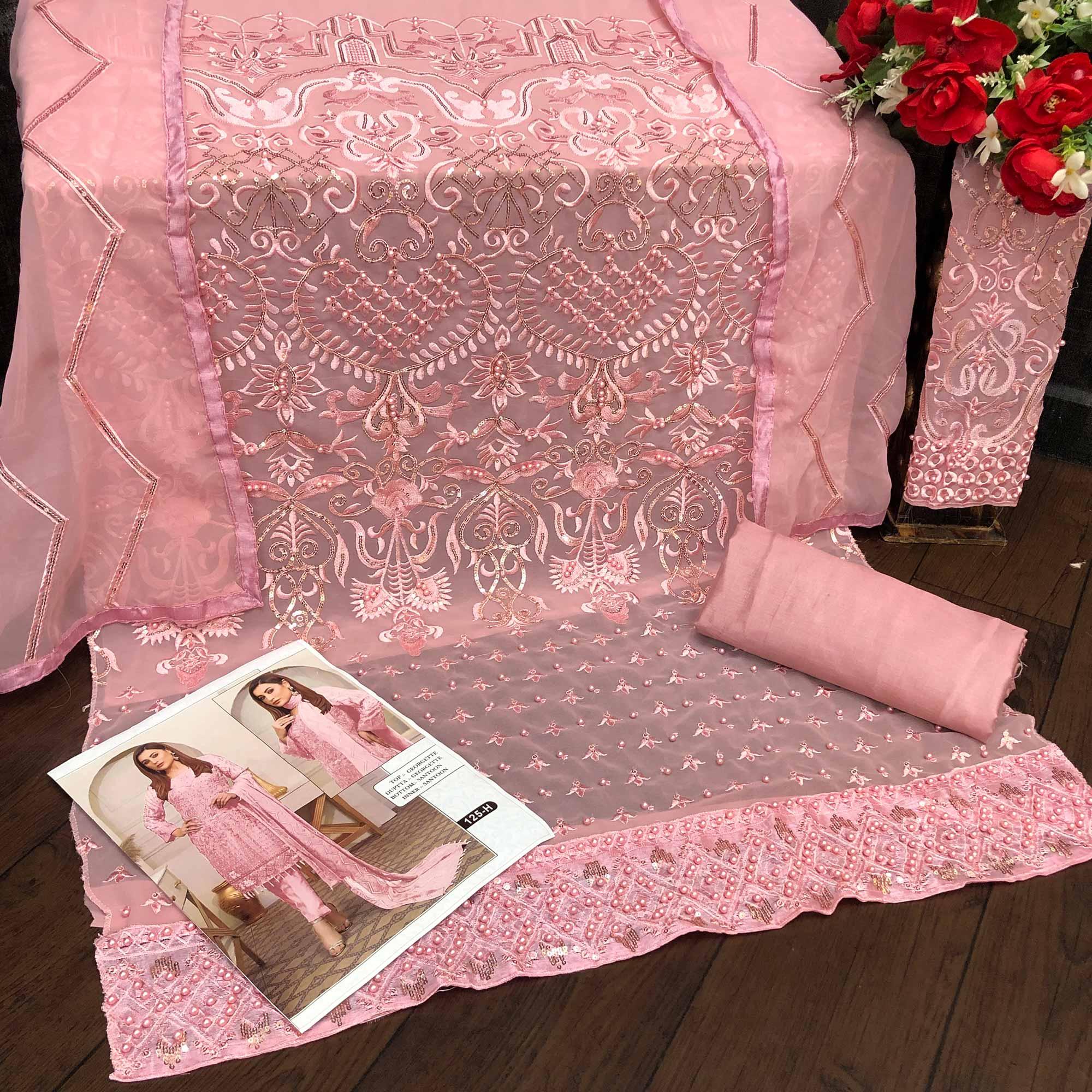 Pink Embroidered Georgette Pakistani Suit - Peachmode