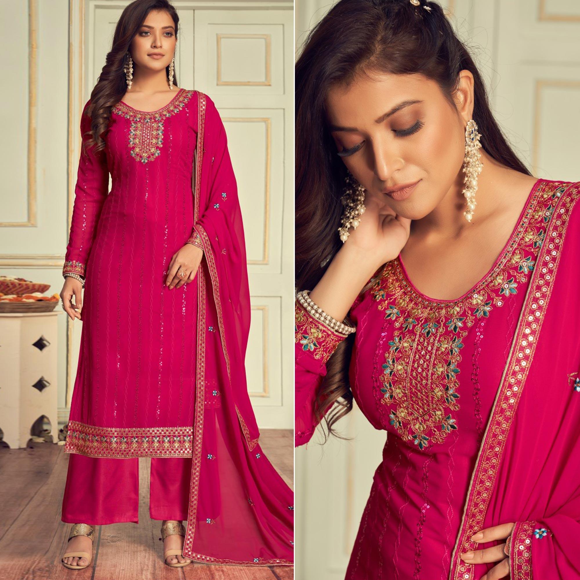 Pink Embroidered Georgette Palazzo Suit - Peachmode