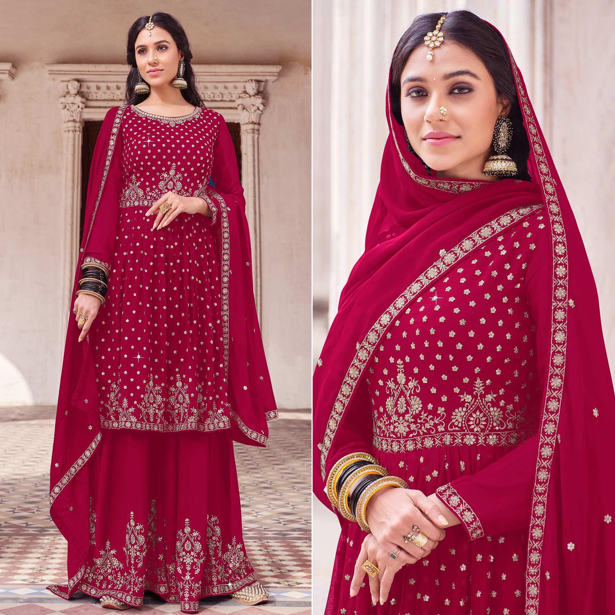 Pink Embroidered Georgette Palazzo Suit - Peachmode