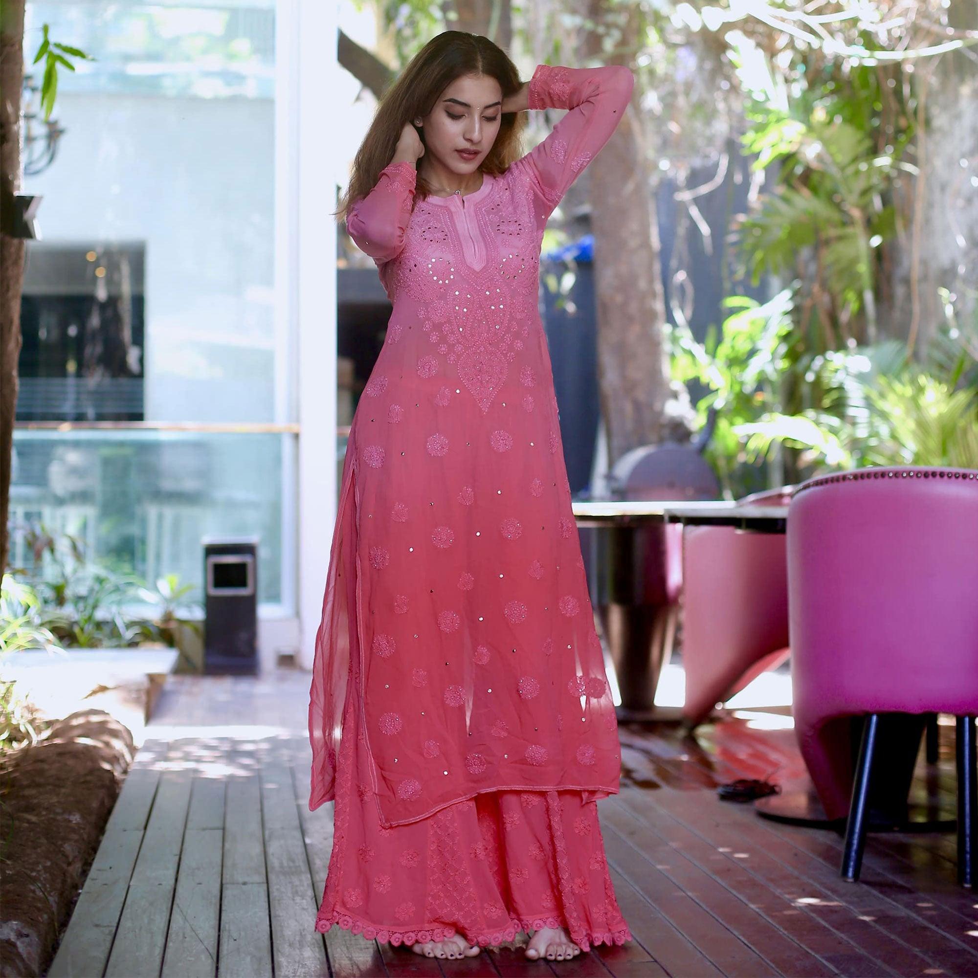 Pink Embroidered Georgette Palazzo Suit - Peachmode