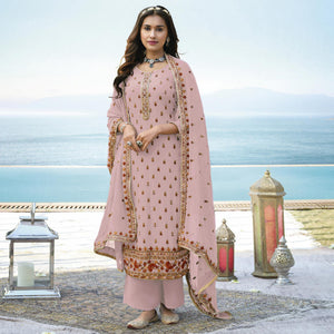 Pink Embroidered Georgette Palazzo Suit - Peachmode