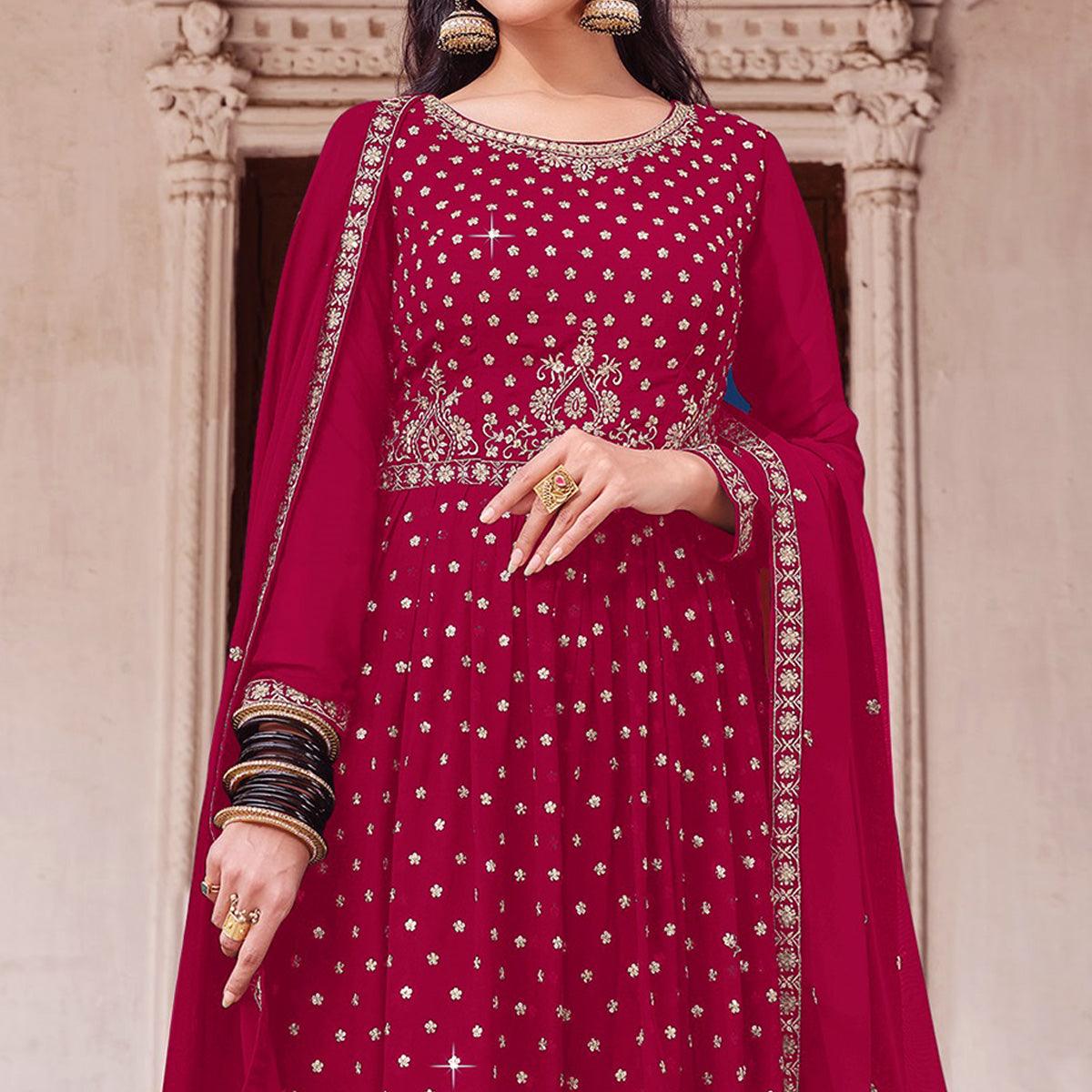 Pink Embroidered Georgette Palazzo Suit - Peachmode