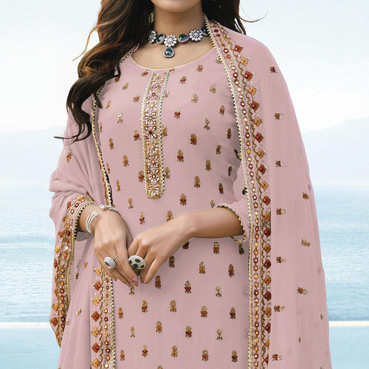 Pink Embroidered Georgette Palazzo Suit - Peachmode