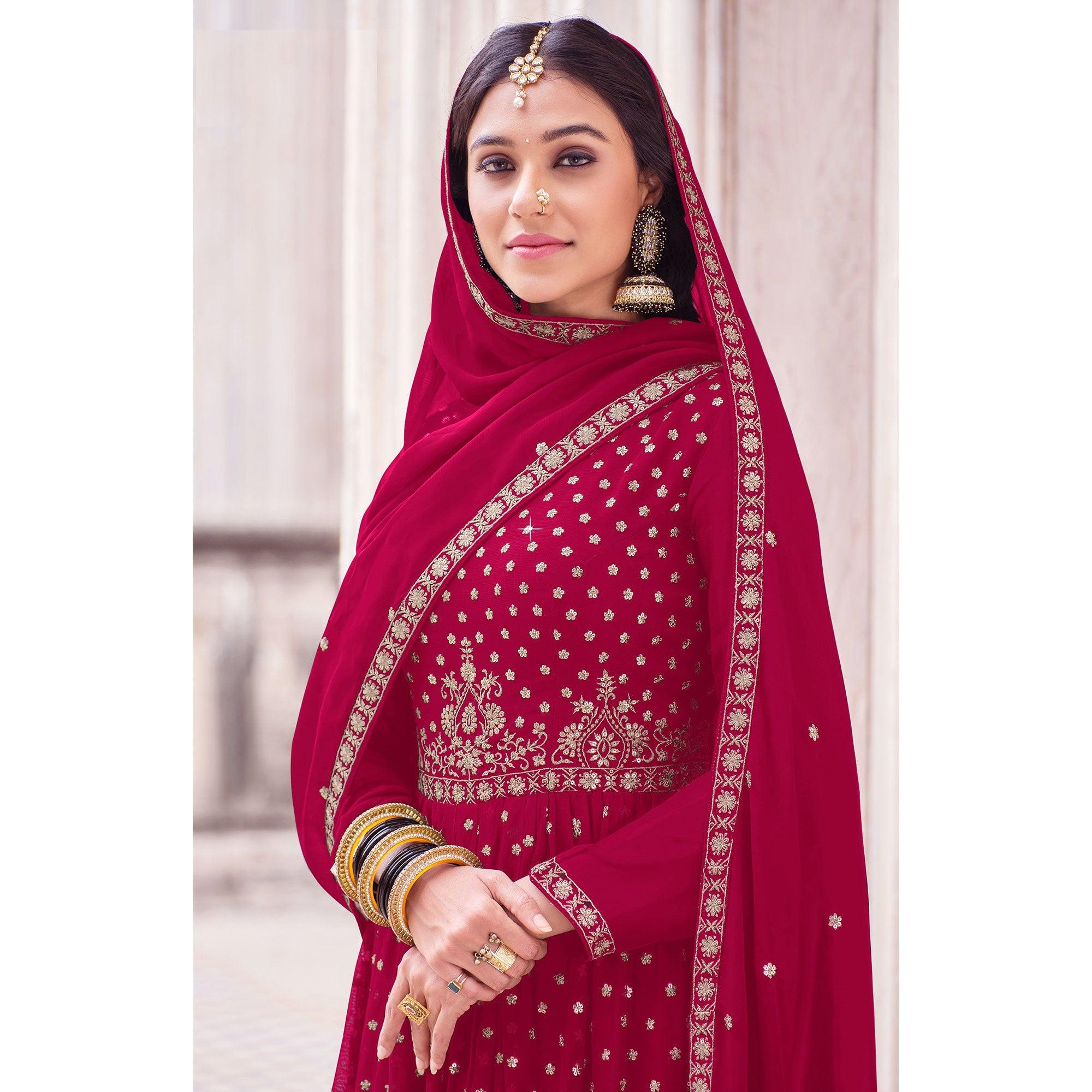 Pink Embroidered Georgette Palazzo Suit - Peachmode