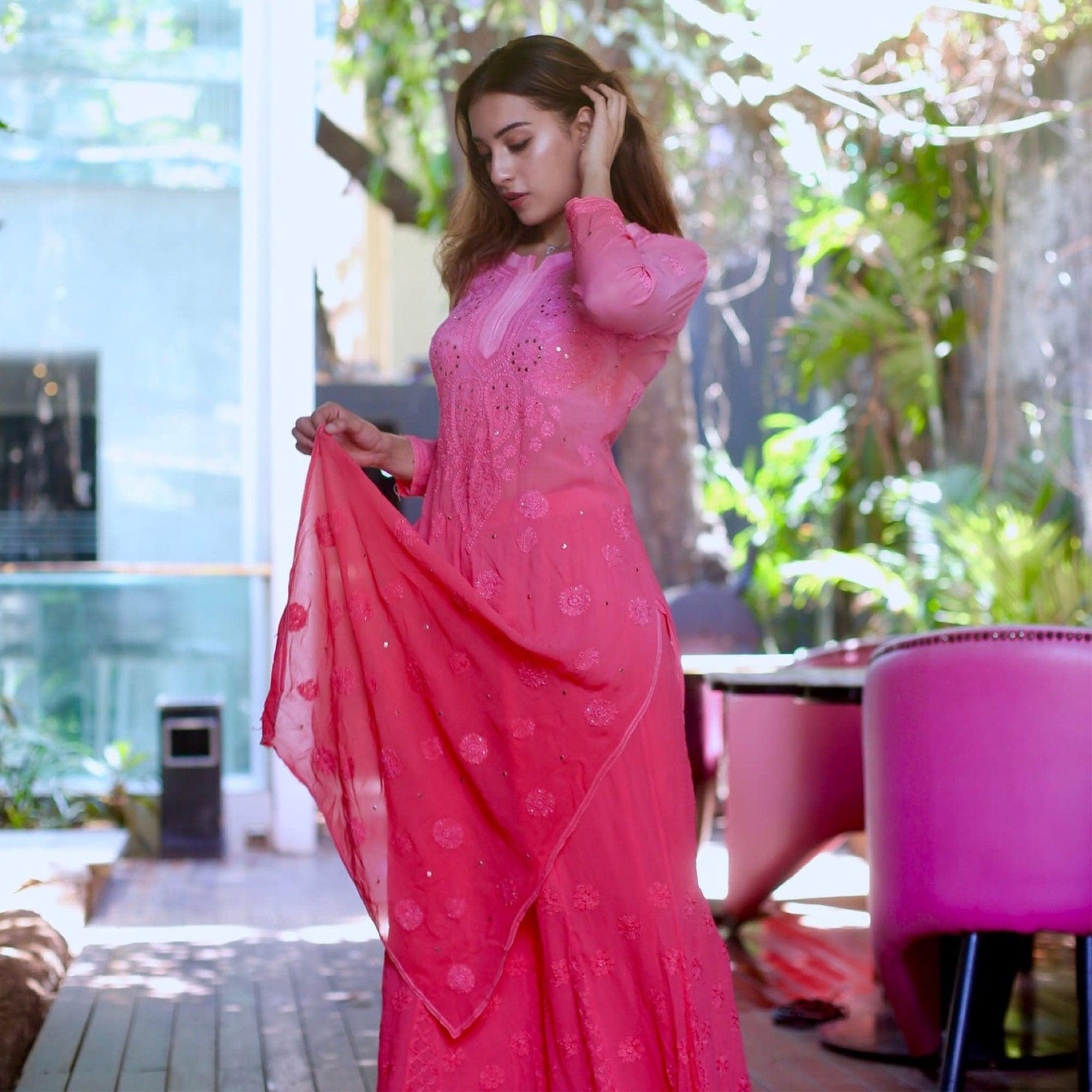 Pink Embroidered Georgette Palazzo Suit - Peachmode