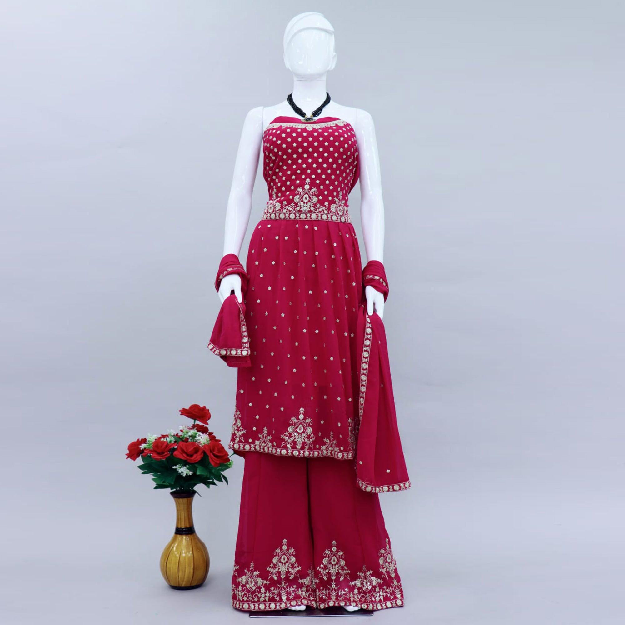Pink Embroidered Georgette Palazzo Suit - Peachmode
