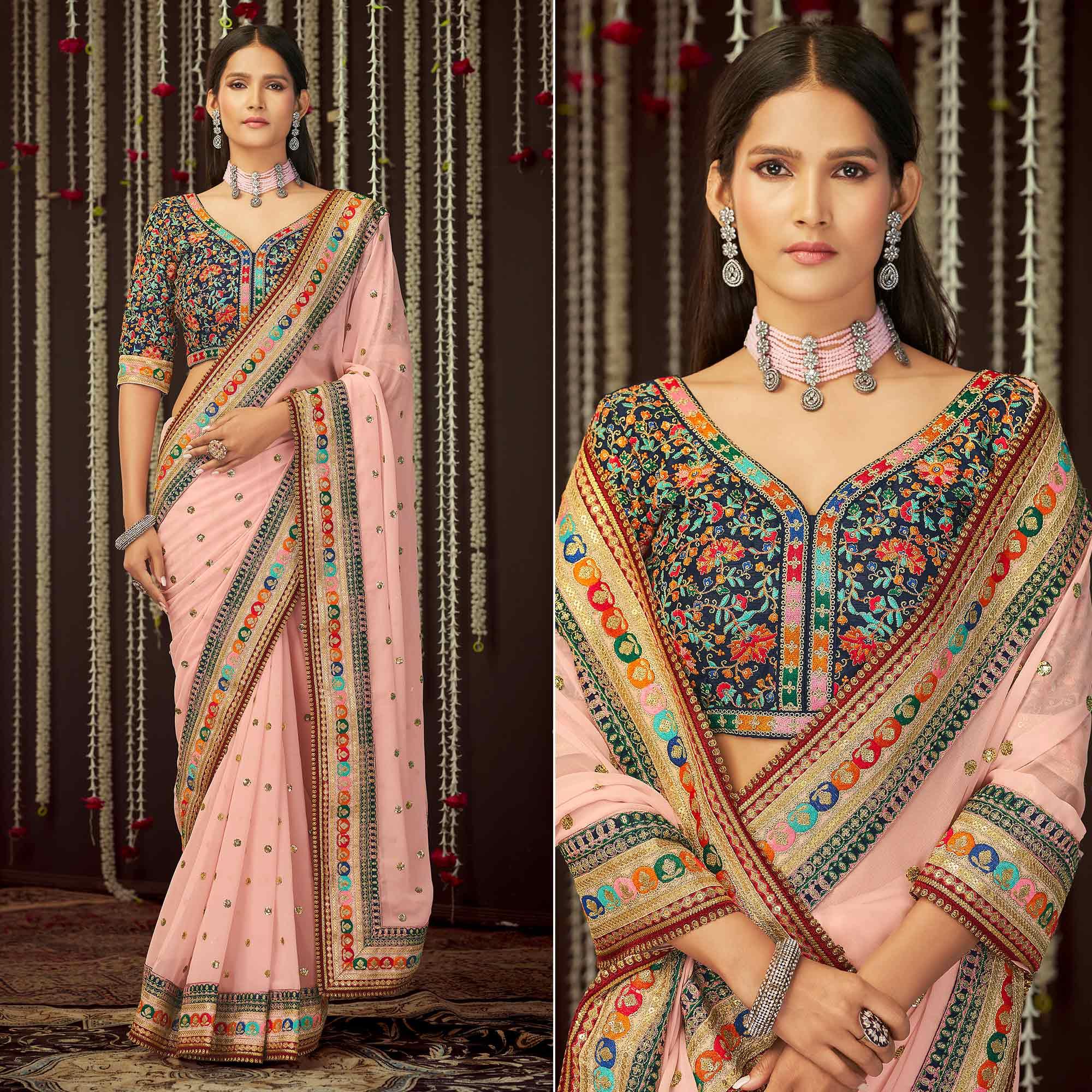Pink Embroidered Georgette Saree - Peachmode