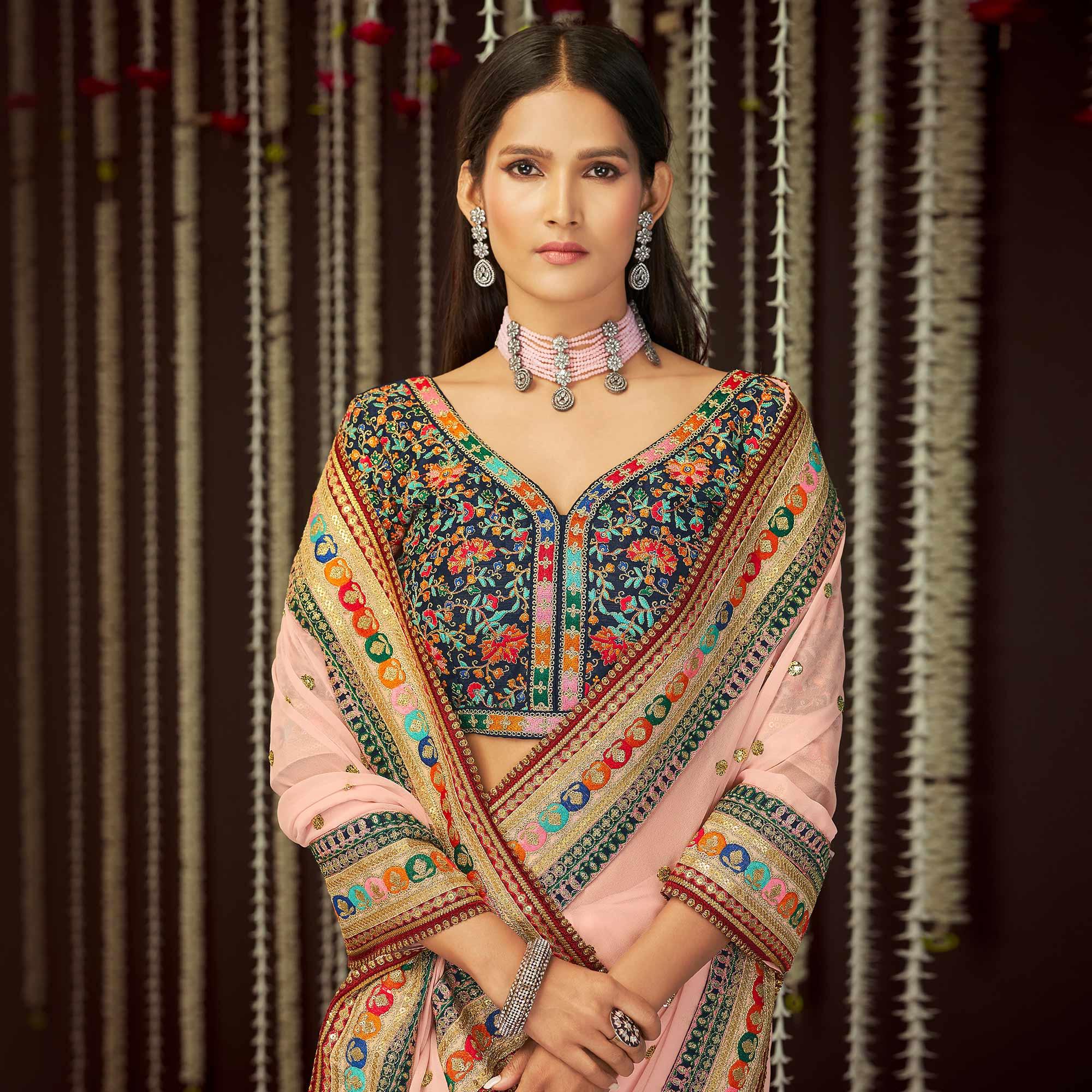 Pink Embroidered Georgette Saree - Peachmode