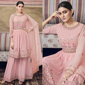 Pink Embroidered Georgette Sharara Suit - Peachmode