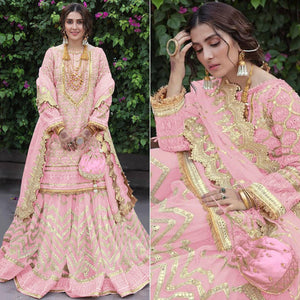 Pink Embroidered Georgette Sharara Suit - Peachmode